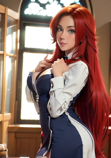 Beautiful girl with long red hair sitting on the ground, rias gremory, seductive girl, with long red hair, she has red hair, red haired goddess, beautiful girl squatting, erza scarlet as a real person, girl with long hair, red hair girl, she has long redorange hair, with red hair
