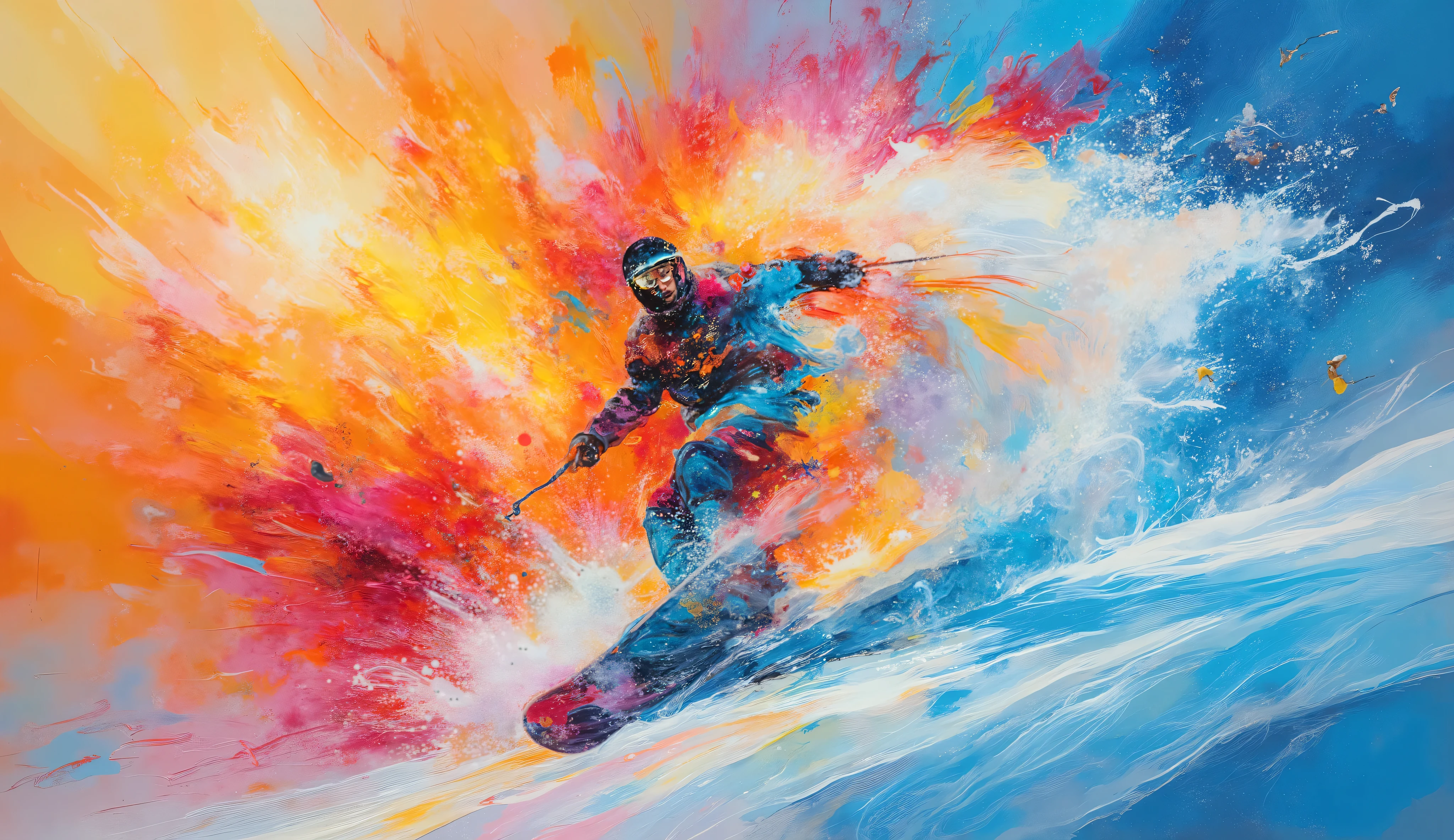modern mixed media artwork combining winter sports photography and abstract art, worm's eye view of a snowboarder executing an aerial maneuver, explosive paint splashes in cool winter tones mixed with warm accent colors, crystalline snow particles frozen in mid-air, cinematic perspective