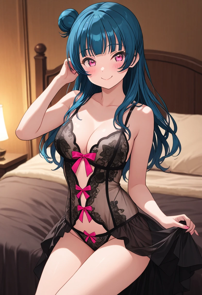 create an anime girl sitting cross-legged on a luxurious bed with blue underwear, 24 years old in a landscape of a luxurious room and with a face of love