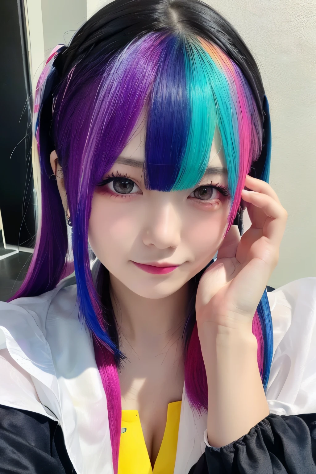 high quality, realistic、 Hi-Res, realistic、8k、 Masterpiece, Details.Impressive、Alone、( White Bikinis)、 cutting-edge photo portrait of a woman、Expression of happiness、The way you look at someone you love、 yellow、Cyan, and purple, (( her colorful hair is gathered in a high position、Various hair colors:1.3)) 、 her bright makeup is really eye-catching