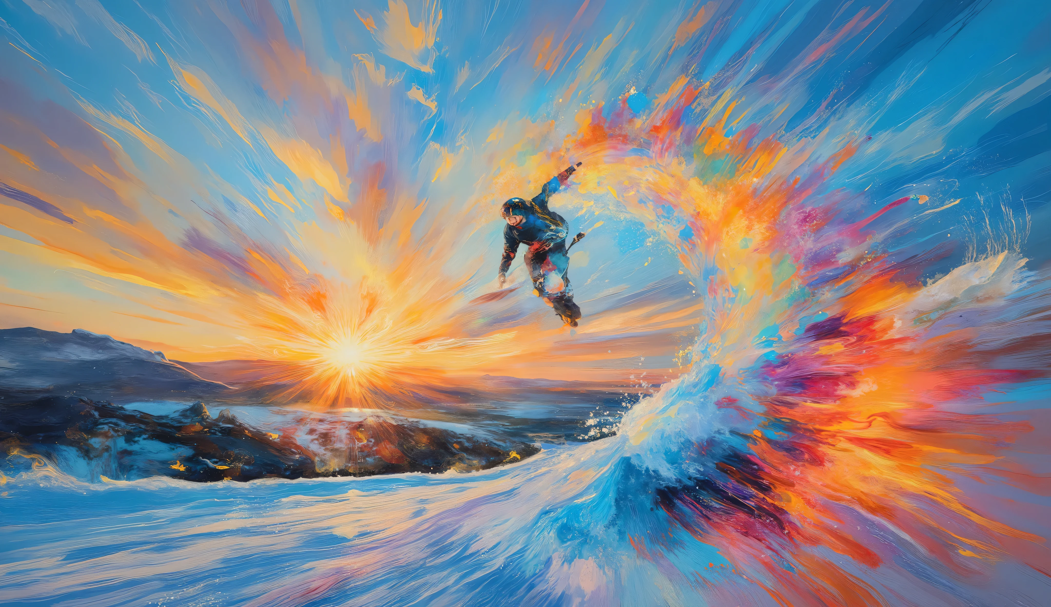 extreme sports photography merged with abstract expressionism, low-angle view capturing a snowboarder suspended in a backflip, swirling snow crystals and paint splatters in bright blues and reds create motion blur effect, dramatic shadows on pristine snow, golden hour lighting casting long shadows