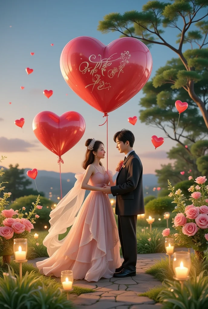 Share a romantic dance , Valentine's Day,一对情侣在迷人的garden中心跳浪漫的舞蹈. The scene is illuminated by floating candles and lanterns , projects a warm , Gently. garden , From the delicate petals of the flower to the verdant leaves , The intricate details are presented in amazing 8K resolution . The couple, Indulge in your arms , Exudes deep love and connection . The atmosphere is full of fantastic magic , The surroundings are highlighted by soft light and serene beauty .
