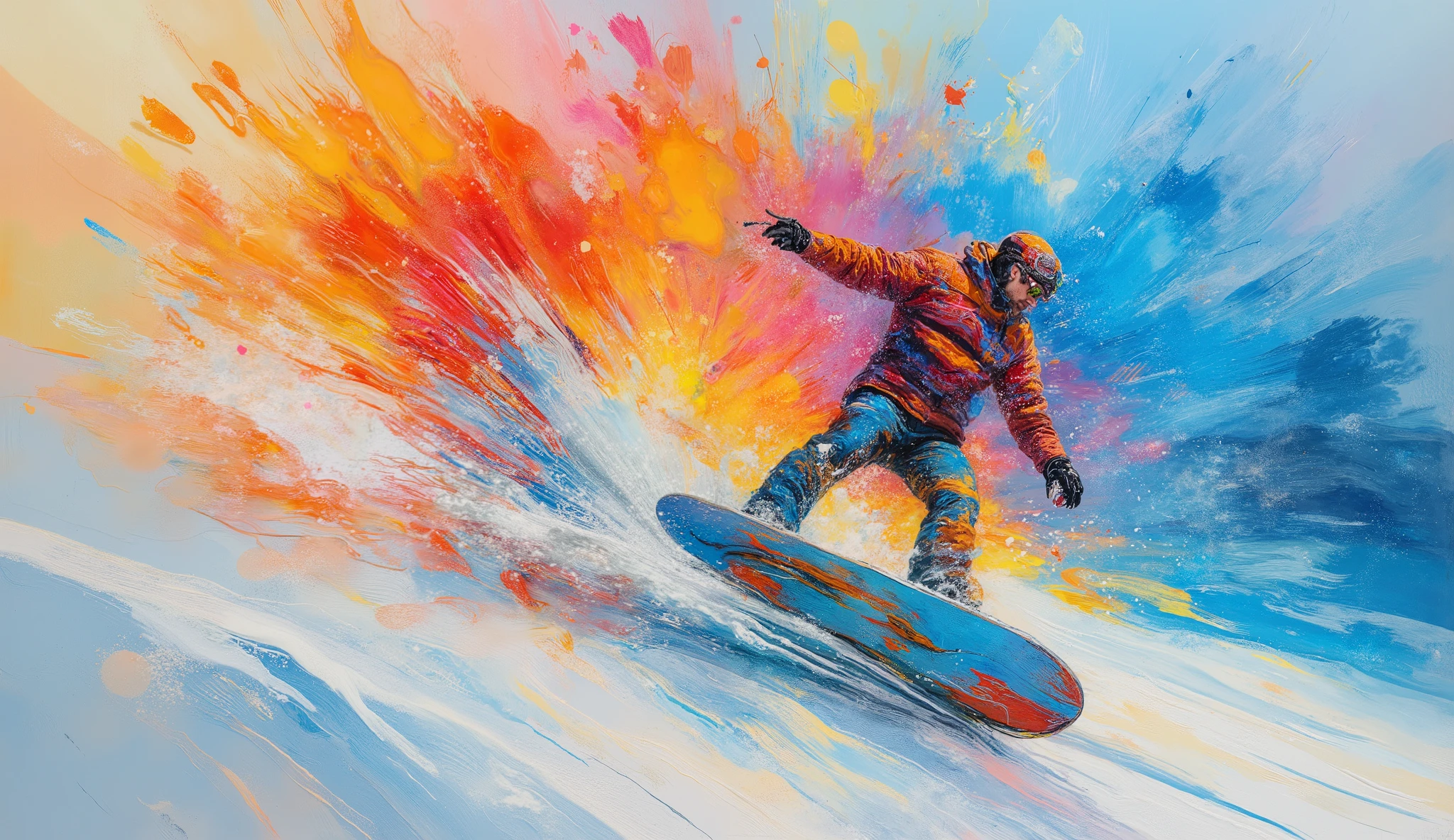modern mixed media artwork combining winter sports photography and abstract art, worm's eye view of a snowboarder executing an aerial maneuver, explosive paint splashes in cool winter tones mixed with warm accent colors, crystalline snow particles frozen in mid-air, cinematic perspective