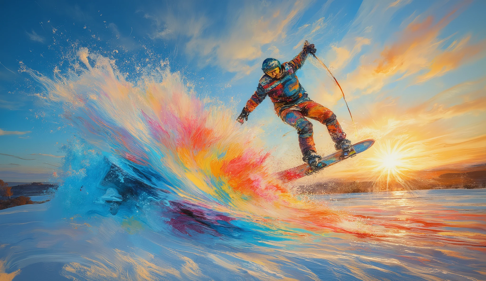 extreme sports photography merged with abstract expressionism, low-angle view capturing a snowboarder suspended in a backflip, swirling snow crystals and paint splatters in bright blues and reds create motion blur effect, dramatic shadows on pristine snow, golden hour lighting casting long shadows