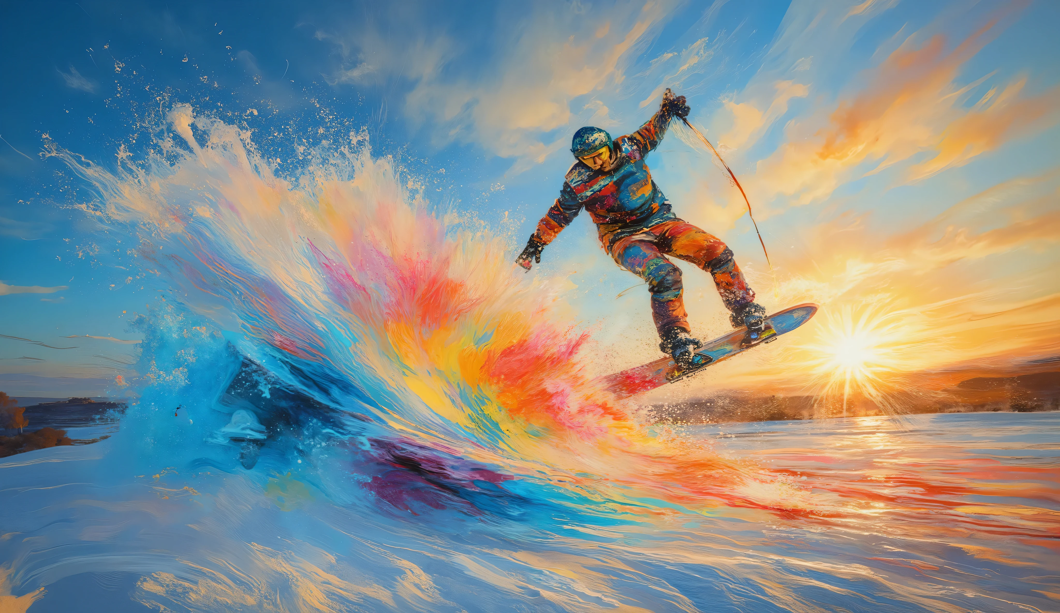extreme sports photography merged with abstract expressionism, low-angle view capturing a snowboarder suspended in a backflip, swirling snow crystals and paint splatters in bright blues and reds create motion blur effect, dramatic shadows on pristine snow, golden hour lighting casting long shadows