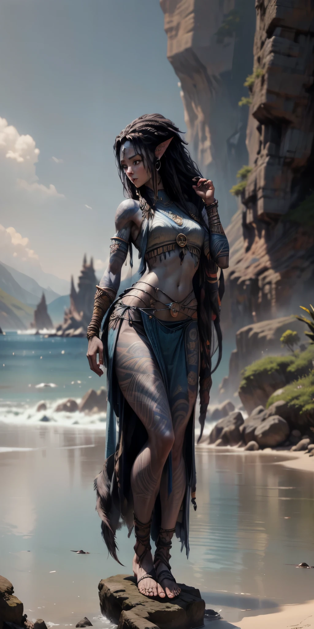 woman, 1 girl, on a rock, ultra sharp focus, thin muscular limbs, thin, detailed blue eyes, blue skin, long curly hair, black hair, tattoos, tail, large pointy ears, four fingers on both hands, four toed feet, bare feet, no clothes, tribal tattoos, beach background, solo, n4vi, metkayina, score_9, score_8_up, score_7_up, score_6_up, AvAonung