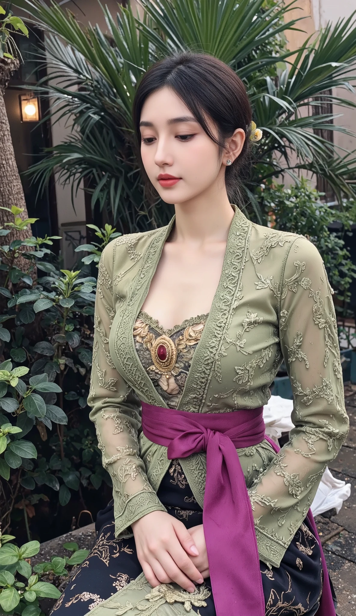 Araffe woman in a green dress sitting on a bench - SeaArt AI