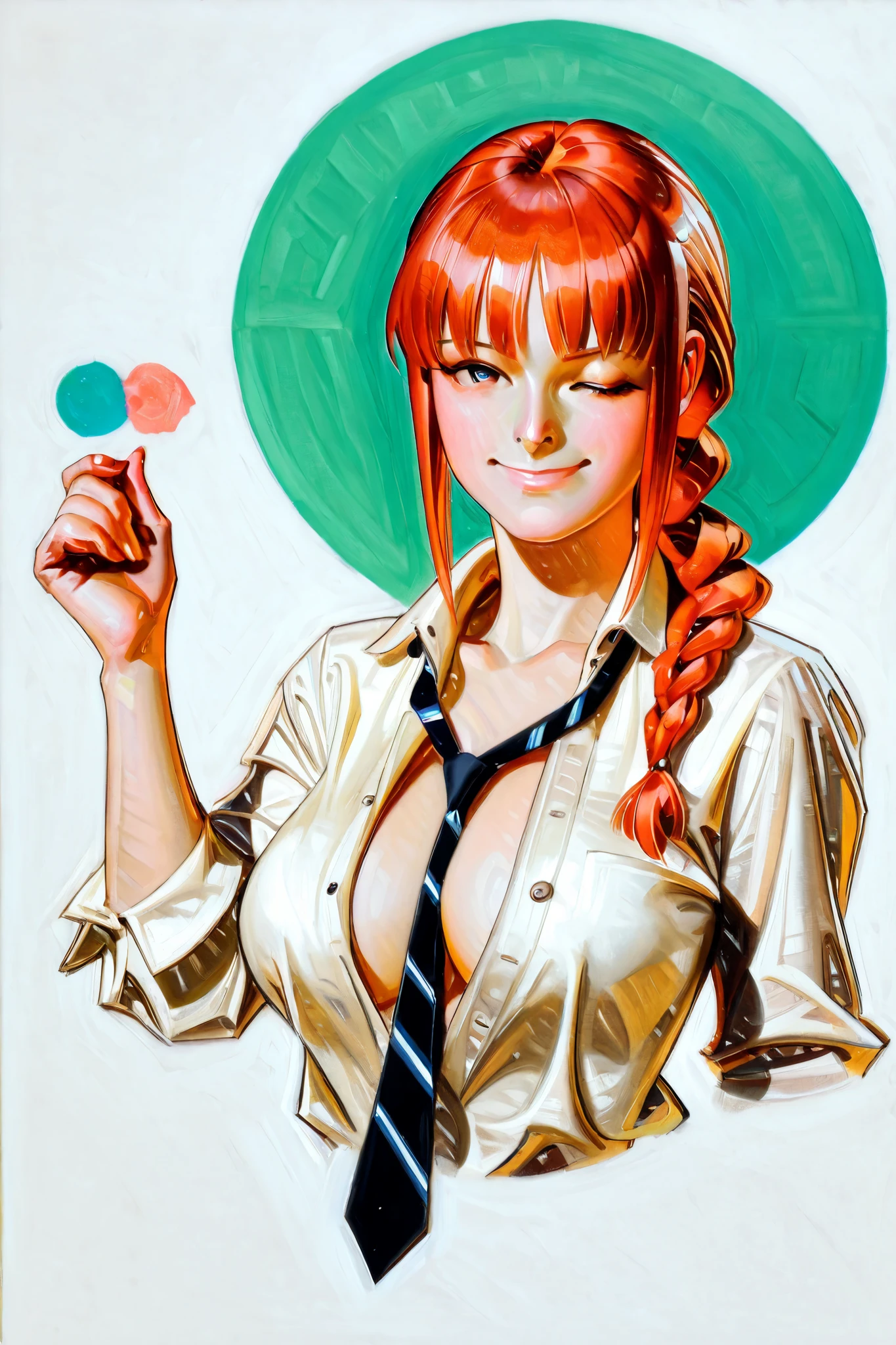 score_9, score_8_up, score_7_up, score_6_up, score_5_up, score_4_up, Paint artstyle, paint texture, use of color theory, beautiful, use of shape theory, traditional media, realistic,
BREAK
(masterpiece: 1.0), best quality, perfect anatomy, perfect composition, perfection, 4k resolution, absurdres, very aesthetic, professional artwork, absolutely beautiful,
BREAK
1girl, Makima, open collared shirt, unbuttoned shirt, exposed cleavage, tie, one eye closed, smile, big breasts.