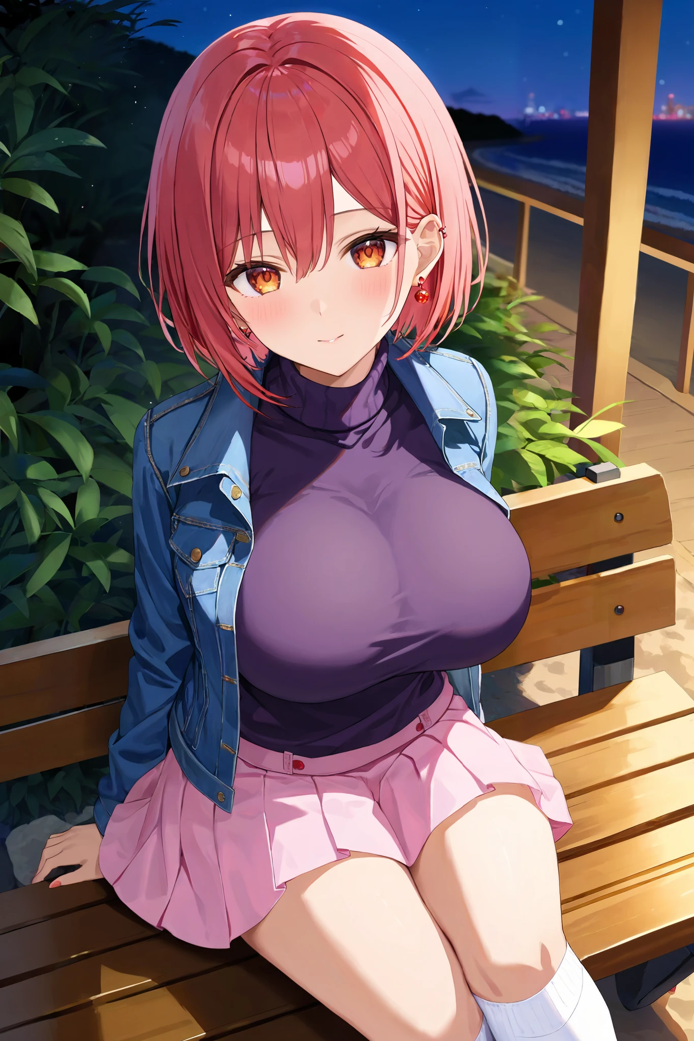 Anime girl sitting on a bench with her pink hair in a purple top ...