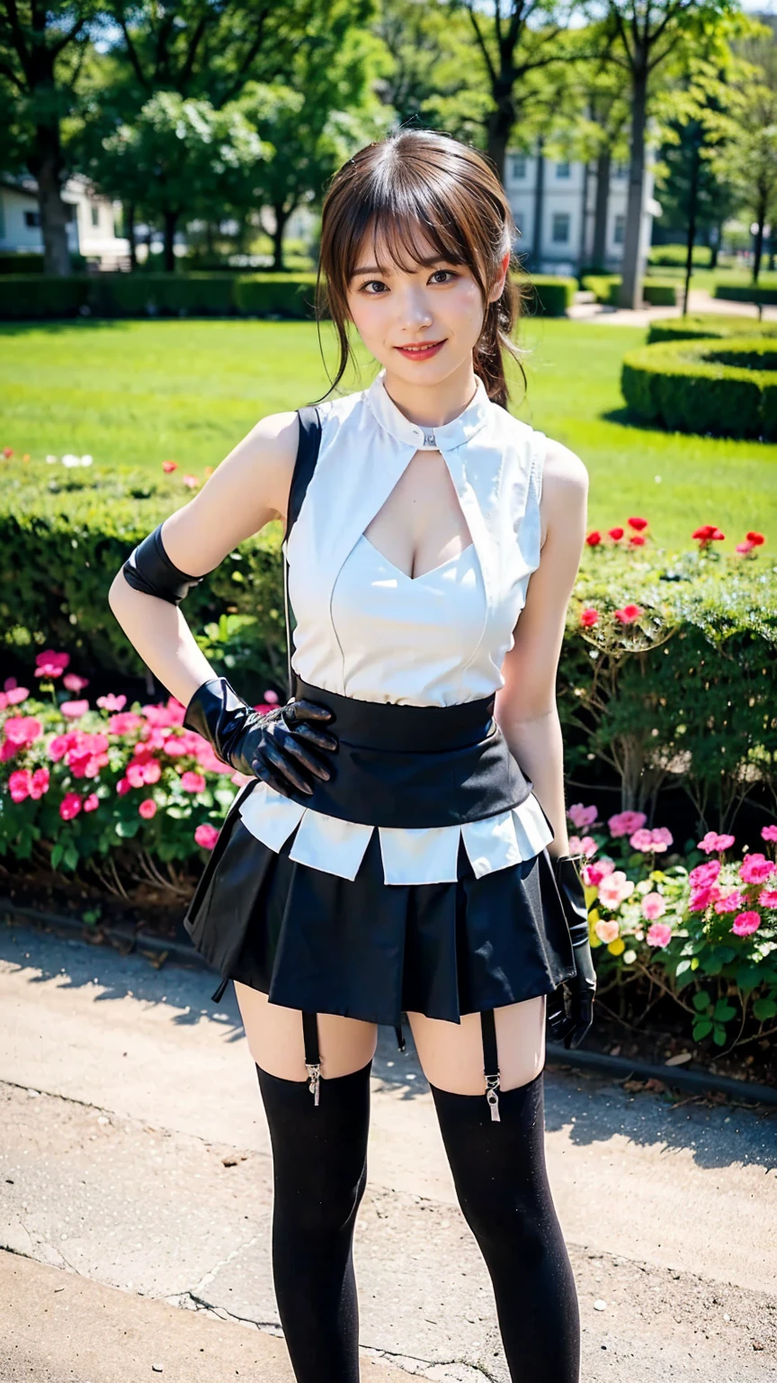 Emma Watson,  wearing team rocket,team rocket uniform,white skirt,red letter R,crop top,black thigh-highs,black elbow gloves, PURPLE PANTYHOSE,  full body,  sun light park 