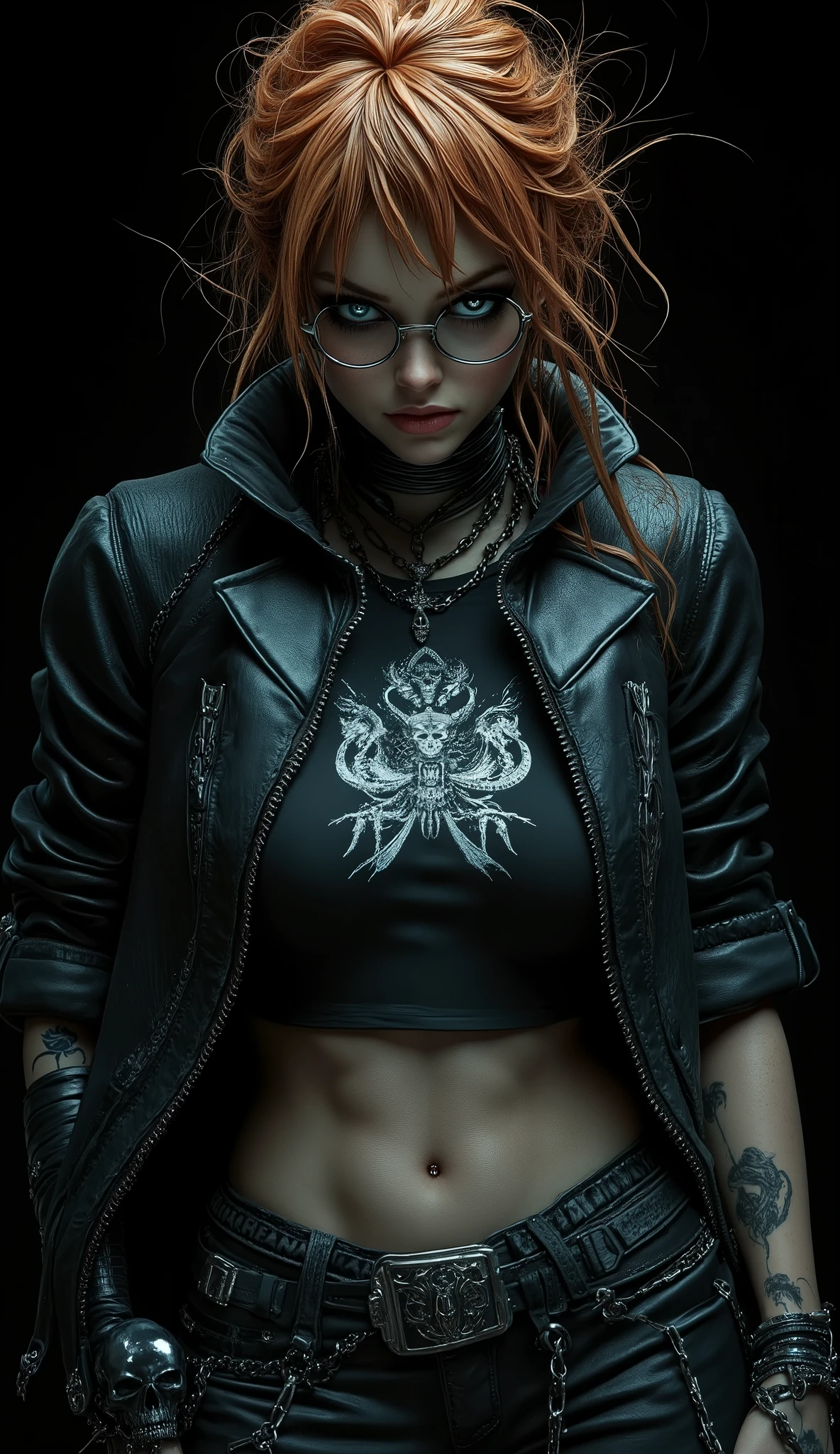 ((artwork, highest quality, Highest image quality, high resolution, photorealistic, CRU photo, 8k)),(best quality, 4k, high resolution, masterpiece: 1.2), ultra detailed, (realistic, photorealistic: 1.37), ray tracing, image of a girl, close-up of the bust, very pretty, pure black background ideal for wallpaper, extra detailed body, extraordinarily sensual, very expressive, seductive face. She is wearing metal framed reading glasses, she is listening to music with headphones on her head. She is wearing a black heavy metal leather jacket with the sleeves rolled up, a black leather choker with a ring, under the jacket a black t-shirt with a showing abdomen and a metal music band logo, large chest, tight black leather pants with chains, black sneakers, many bracelets on both arms, a silver skull ring on her hand, very detailed skin, The woman is beautiful and radiant, strong, powerful, sun-kissed brown skin, blush on her cheeks, she is freckled, very long, curly and disheveled orange-red hair that falls to her chest, very detailed, layered hair with bangs. Very expressive dark green eyes, long eyelashes, thick, wet and pink lips. She smiles mysteriously and sensually at the camera. He stands defiantly in front of the camera. In his hands he holds an AR15 assault rifle with an X4 reflex sight and a silencer. Pure black background ideal for wallpaper, cold lights, cinematic lighting, dark colors, photorealistic, 8k, ultra detailed, masterpiece, comic cover, illustration, HDR-10, Ultra High Definition, studio lighting, ultra fine painting, sharp focus, physical representation, extremely detailed description, professional, vivid colors, concept art.