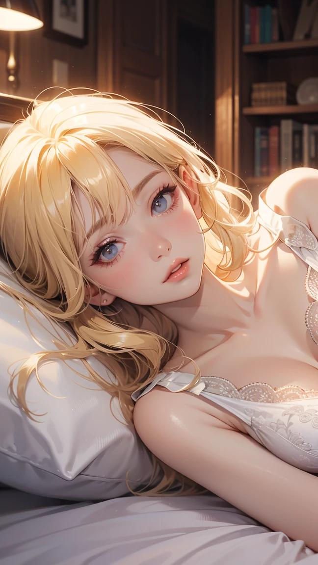 bed room, sexy pose, white sleep dress, blonde long wave hair, brown eyes.