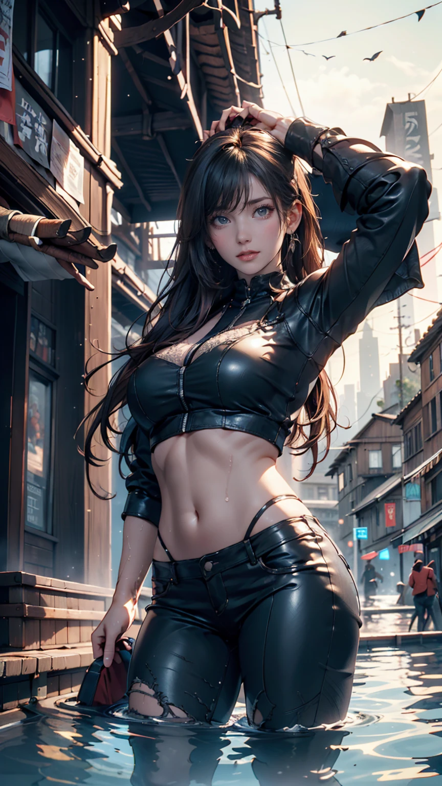 1girl, solo, foto corpo inteiro, (Ela tem grandes olhos azuis brilhantes)(glossy and red lips) (((Seios muito enormes)) (Corpo fino perfeito) (Asian Gamea de boxe，luvas de boxe，musculares) , ((Pose de lutador)) (master part, High definition, Volumetric lights and dynamic shadows)((master part))(8k)(rosto perfeito)(Ultra Detalhes) (perfect hands, olho, e rosto) na rua cheio de carro
