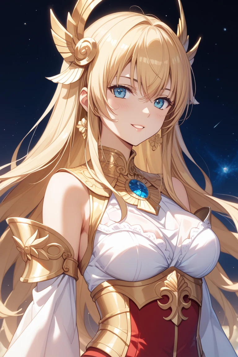 Golden Goddess Seraphina, Majestic Goddess of Love and Magic, Her hair is a cascade of stars, Her eyes shine with mysterious power. Her hands shine warm and charmingly. Her presence is a light of hope and joy. Her golden aura is a sparkling aura of love and protection. Perfect face, Proper body proportion, masutepiece, Super high-quality output images, A high resolution, Intricate details, Very delicate and beautiful hair, photographrealistic, Dreamy, Professional Lighting, realistic shadow, Solo Focus, Beautiful hands, Beautiful fingers, Detailed finger features, detailed clothes features, Detailed hair features, detailed facial features, smiling
