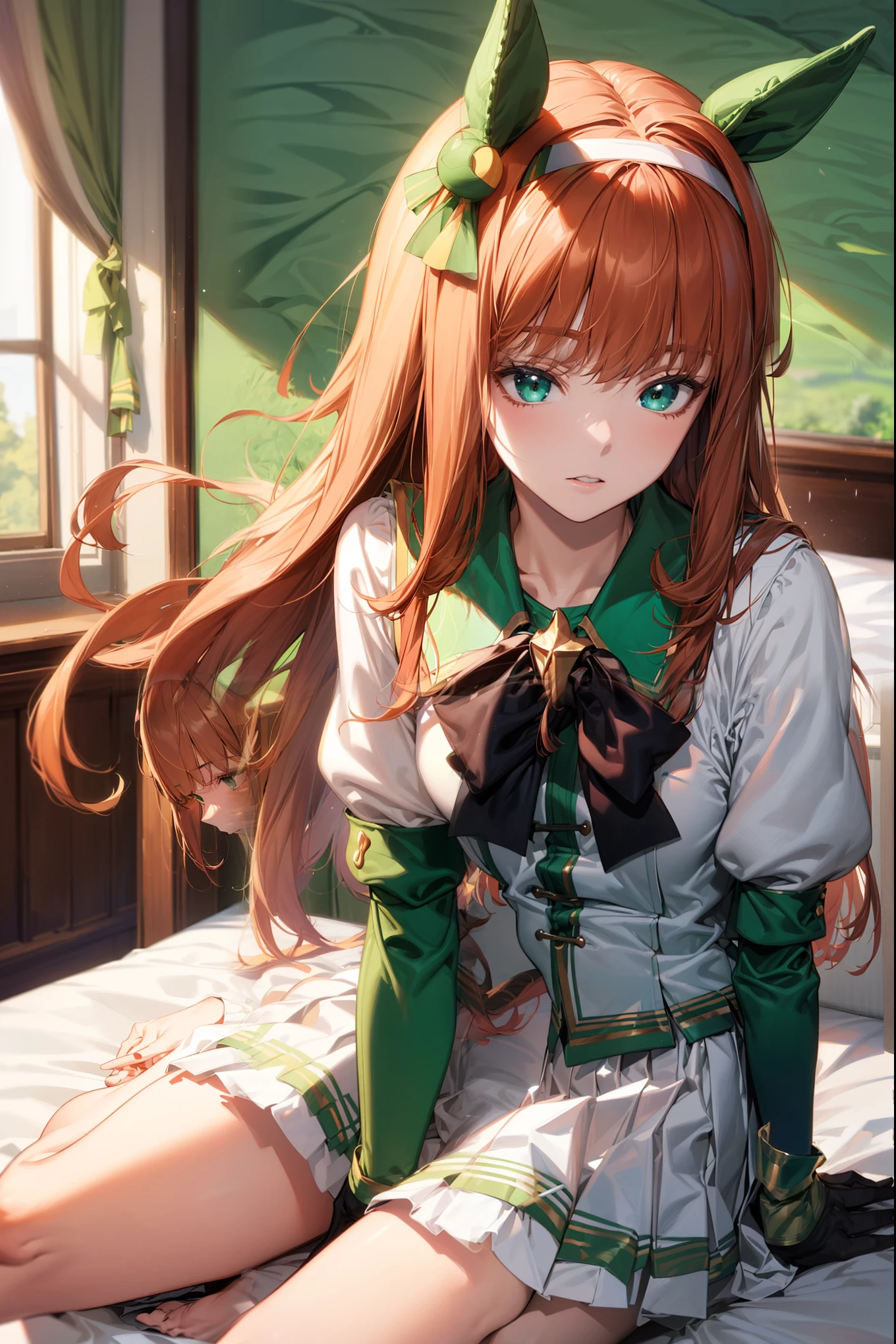 masterpiece, best quality, high resolution ultra detail, 8k, madeon,
aasuzuka, long hair, animal ears, ear covers, white hairband, horse tail, green sailor collar, black bow, white shirt, layered sleeves, green sleeves, black gloves, white skirt, barefoot, sitting on the bed,