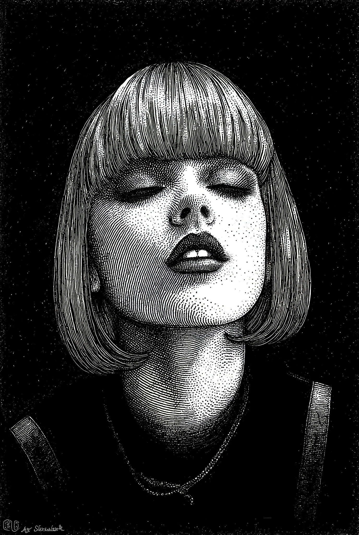 score_9, score_8_up, score_7_up, score_6_up, score_5_up, score_4_up, Paint artstyle, paint texture, use of color theory, beautiful, use of shape theory, traditional media, realistic,
BREAK
(masterpiece: 1.0), best quality, perfect anatomy, perfect composition, perfection, 4k resolution, absurdres, very aesthetic, professional artwork, absolutely beautiful, greyscale, monochrome
BREAK
ap0770n1a_s41ntc741r. Highly detailed ink drawing with intricate stippling and cross-hatching, by Apollonia Saintclair. Dark room with a face of a french woman, with her head tilted back, eyes closed. Strict blonde bob hairstyle. Her face is partially obscured by the shadows