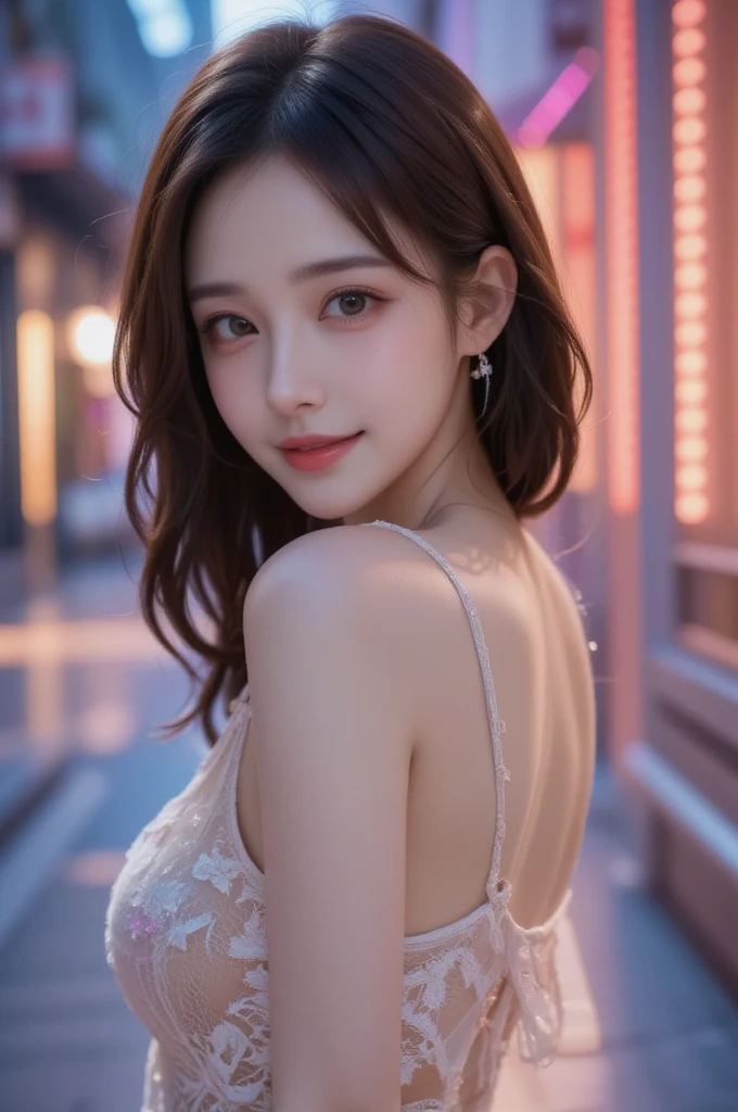 ((masterpiece: 1.4, best quality))+,(ultra detail)+, official art, unity 8k wallpaper, ultra detail, beautiful, high quality, Highlight your cute face,  masterpiece, best quality, medium length straight hair, (brown eyes, brown hair), bust, looking straight ahead, laugh, (Beautiful female professional wrestler :1.4), colorful earrings, (beautiful 눈:1.3),(Revealing white lace swimsuit:1.3)
