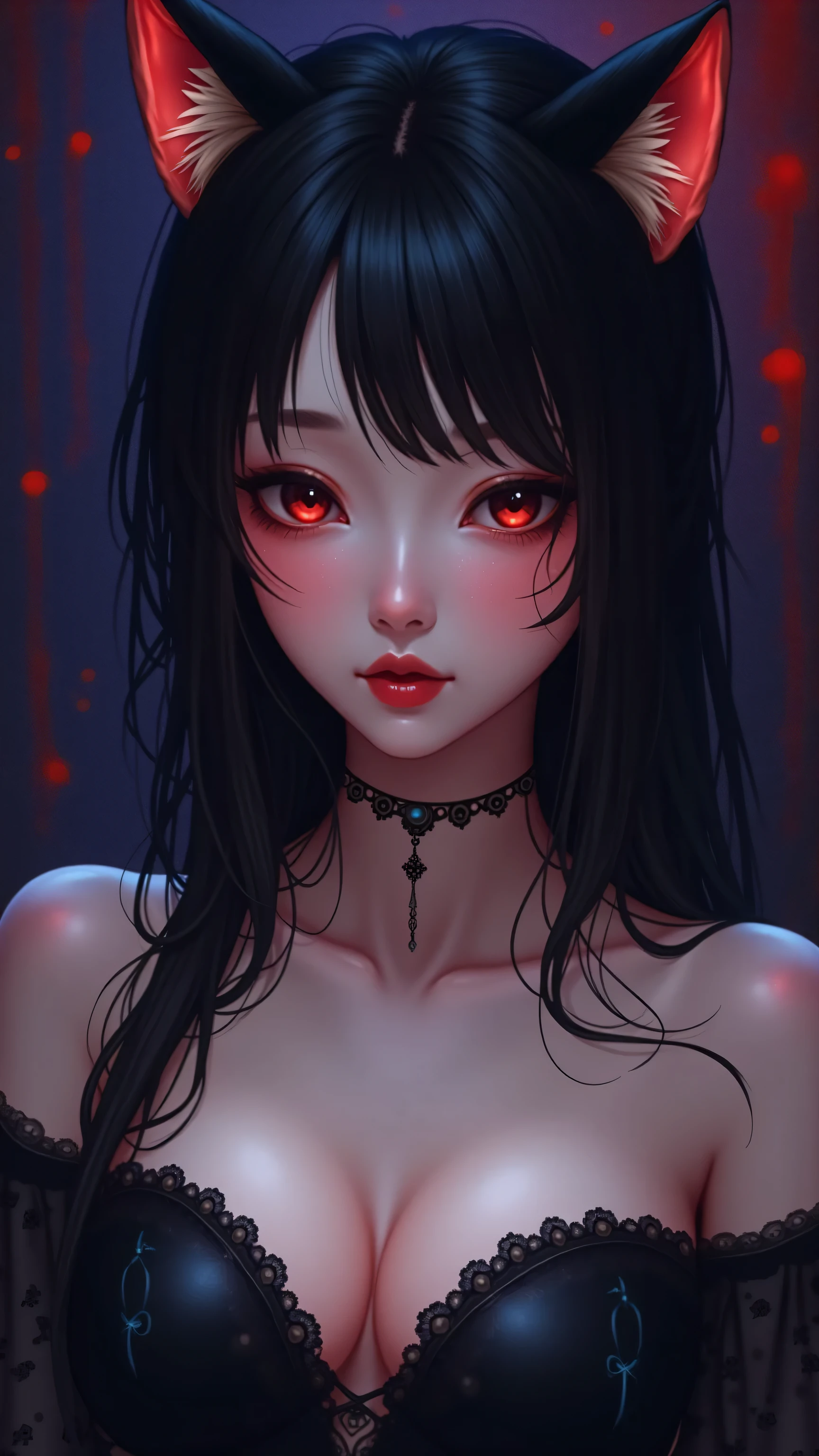 Goth Asian Woman, red lips, white skin, browns pigtail hair, muscle body, (amber glowing shiny eyes), dynamic background, looking at the center camera, painting style, beautiful detailed intricate insanely detailed octane render trending on artstation, 8 k artistic photography, photorealistic anime art.