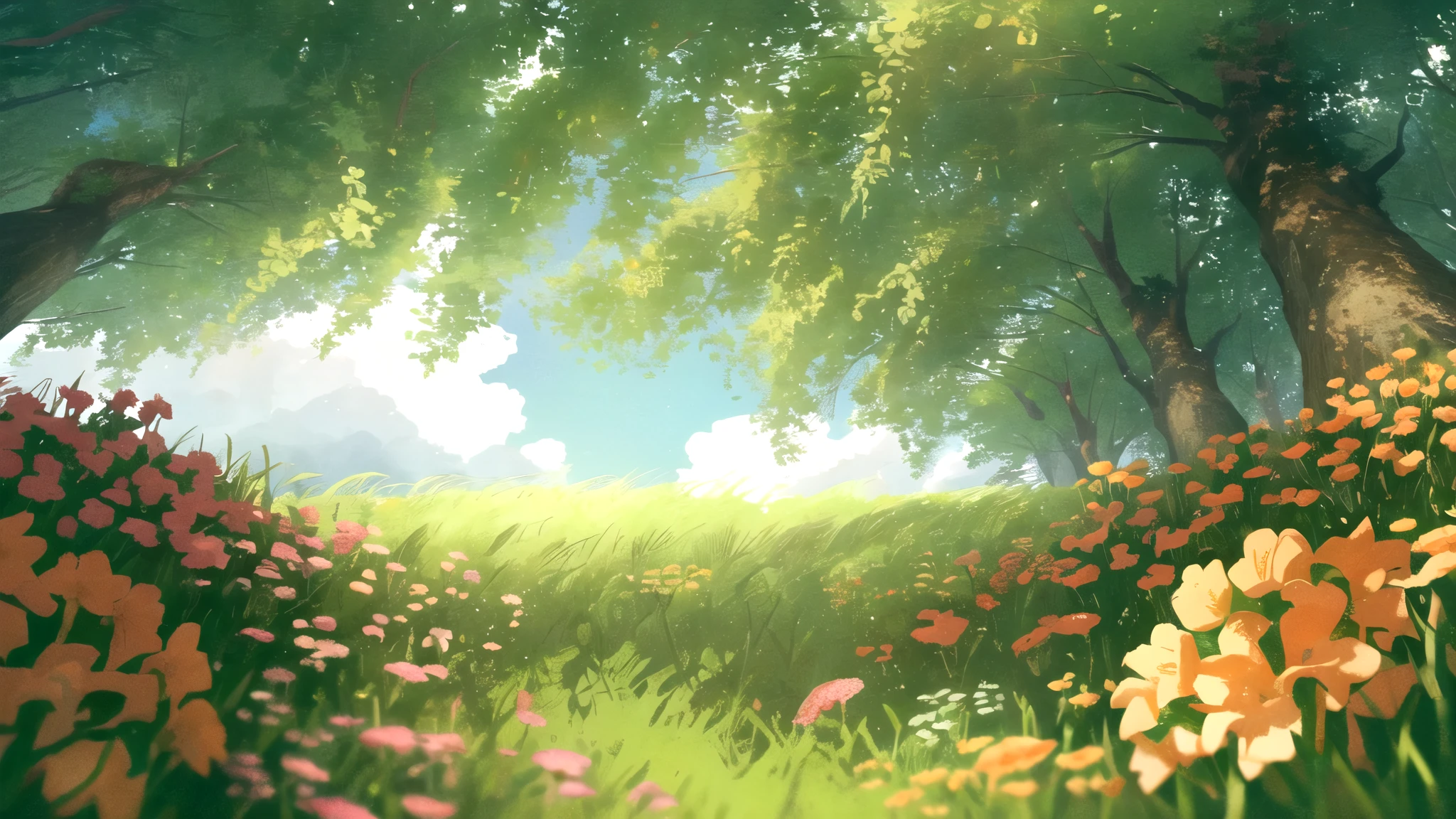 masterpiece, best quality, potg style, scenery, flowers, grasslands, from below,