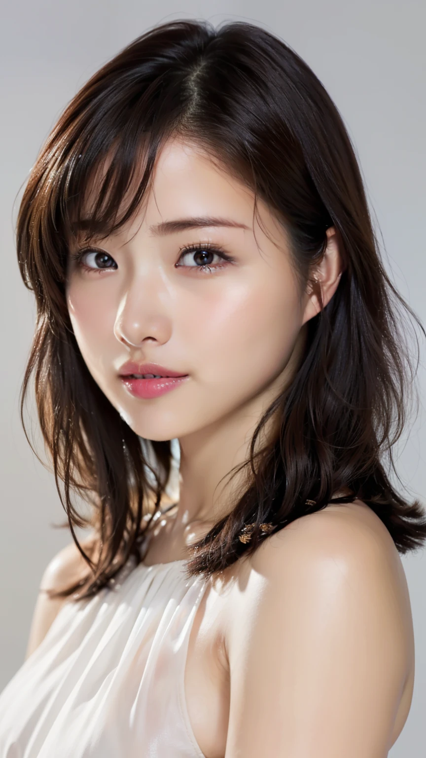 (8k, Realistic, RAW Photos, Best image quality: 1.4), Japanese women、Around 50 years old、Cleavage:1.4、double eyelid、Round Nose、Thick eyebrows、Thick lips、Chest to chest、Light brown hair、Short Hair、Sporty hair、Wearing earrings、Ears are hidden、(Realistic:1.4)、Dark Room、sleepy、Shoulder out
