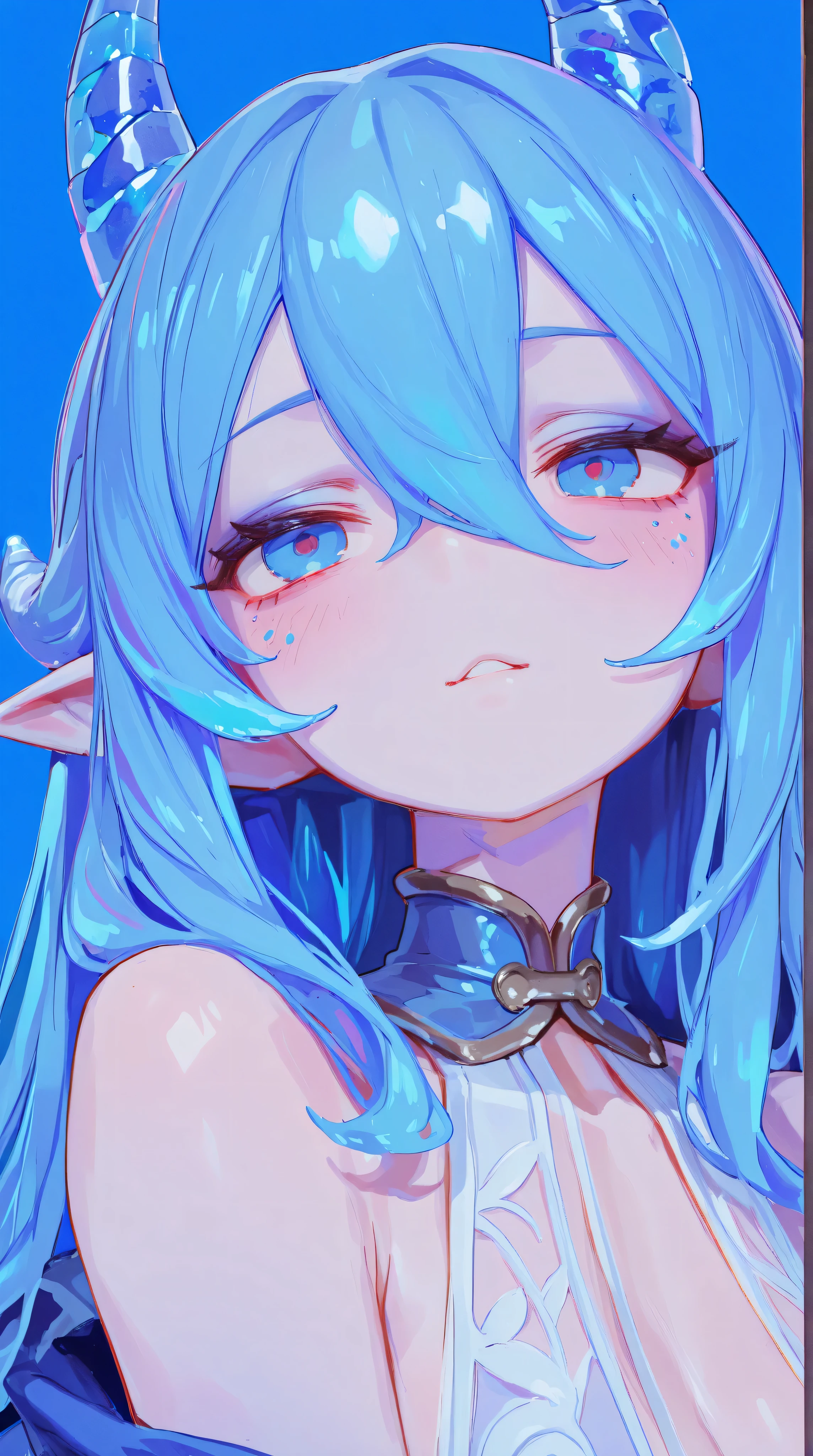 Anime girl with blue hair and horns and a blue dress - SeaArt AI