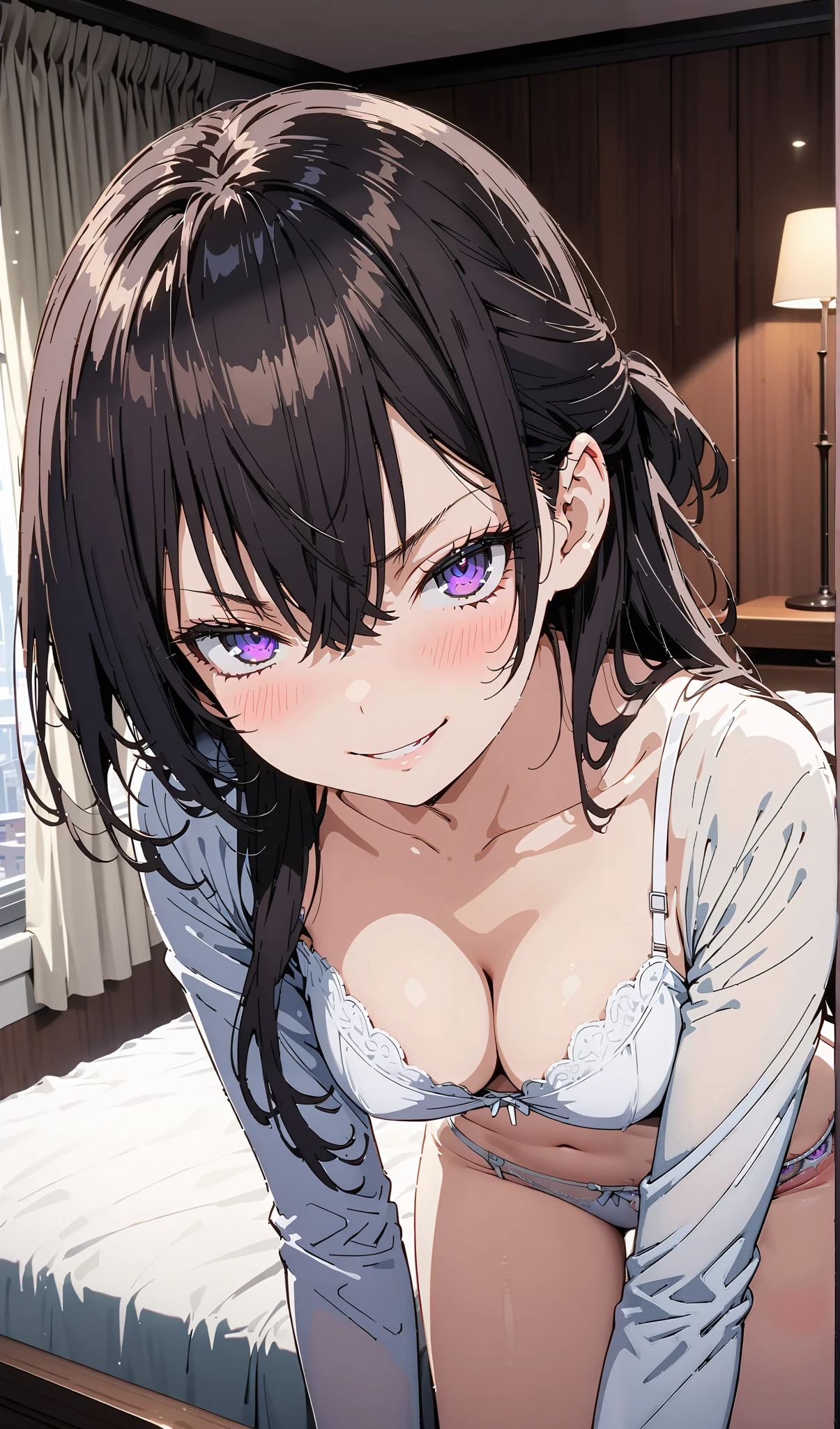 {lady with shoulder-length black wavy hair named Rico}, business suits,tall,'', indoor,{going out style}, ((Heart-shaped choker) ), (office room), Bright background,purple eyes, heart shaped pupils,lovestruck,lovestruck,Mole under the eye, Heart-shaped choker, ((Masterpiece)), Highly detailed CG Unity 8k wallpaper), Top quality,, Detailed background, beautifully detailed eyes, heart shaped pupils,glowing eyes, looking at viewer,(very delicate and beautiful)), ((beautiful) eyes (detailed description),large breasts, browse,shirts,floating heart,brainwashed,sadistic smile,try to show me breasts and lingerie