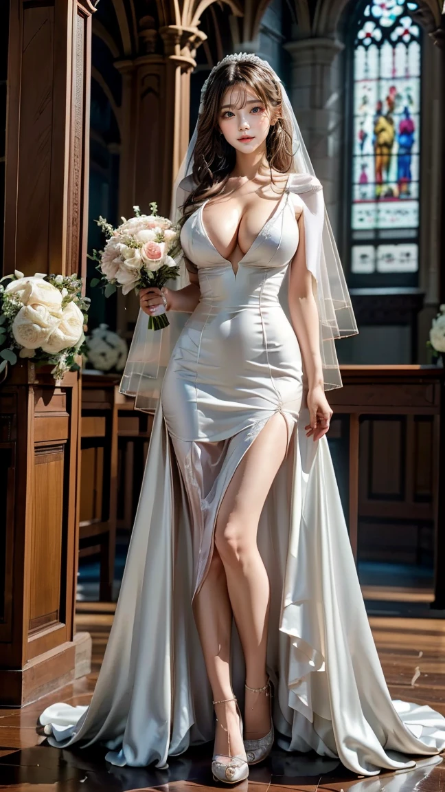 Sugihara anri, ((solo)), alone, bride, was naked, horny, happy, ((forehead to show)), standing, entering the church, dark hair, long hair, delicate, young, long hair, detailed face, high definition, ((full body)), (flowers around her), full body, she is a beautiful woman getting married, face with high quality, beautiful, radiant, big breasts, nipple erect, visible pubic area, visible crotch