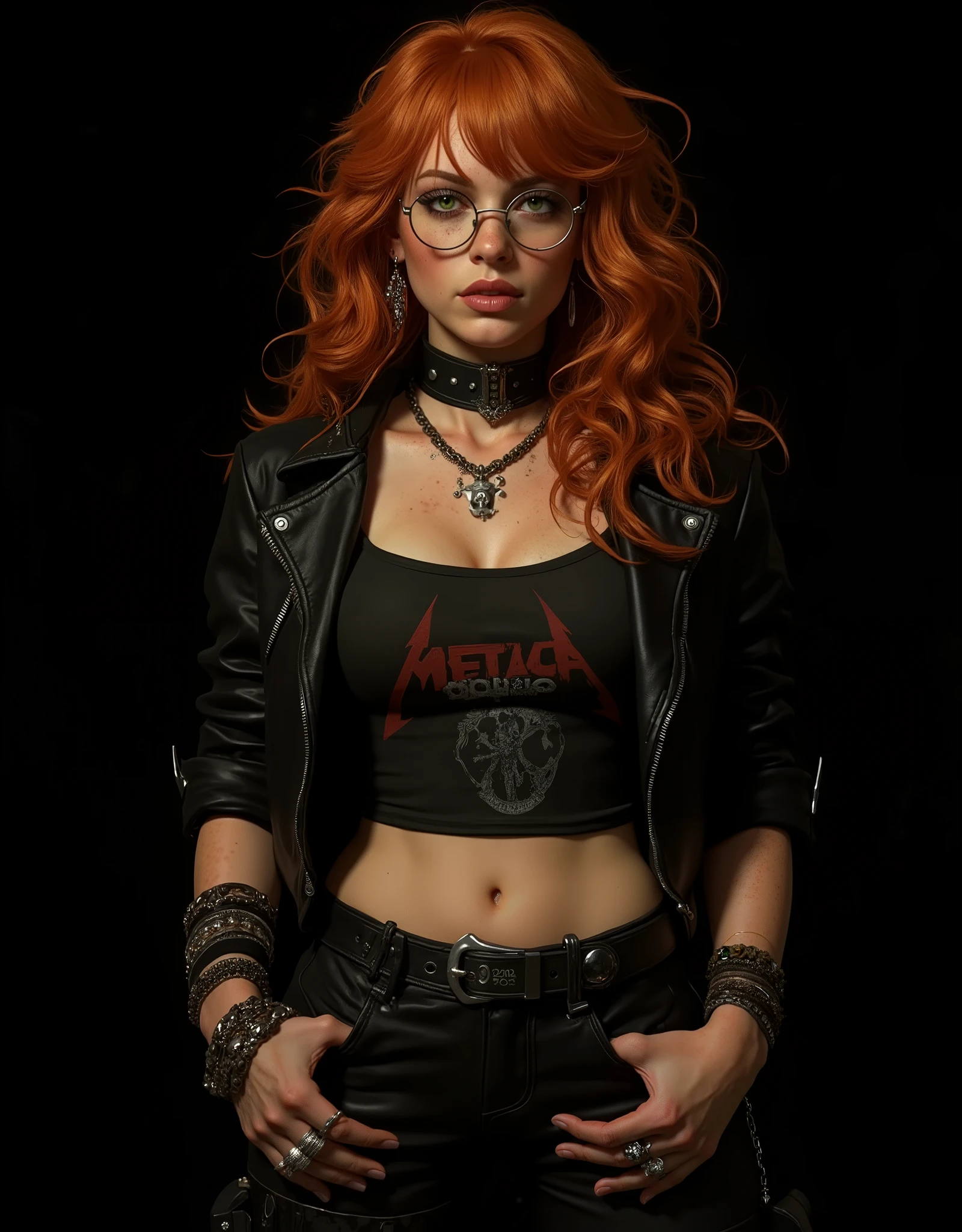 ((artwork, highest quality, Highest image quality, high resolution, photorealistic, CRU photo, 8k)),(best quality, 4k, high resolution, masterpiece: 1.2), ultra detailed, (realistic, photorealistic: 1.37), ray tracing, image of a girl, close-up of the bust, very pretty, pure black background ideal for wallpaper, extra detailed body, extraordinarily sensual, very expressive, seductive face. She is wearing metal framed reading glasses, she is listening to music with headphones on her head. She is wearing a black heavy metal leather jacket with the sleeves rolled up, a black leather choker with a ring, under the jacket a black t-shirt with a showing abdomen and a metal music band logo, large chest, tight black leather pants with chains, black sneakers, many bracelets on both arms, a silver skull ring on her hand, very detailed skin, The woman is beautiful and radiant, strong, powerful, sun-kissed brown skin, blush on her cheeks, she is freckled, very long, curly and disheveled orange-red hair that falls to her chest, very detailed, layered hair with bangs. Very expressive dark green eyes, long eyelashes, thick, wet and pink lips. She smiles mysteriously and sensually at the camera. He stands defiantly in front of the camera. In his hands he holds an AR15 assault rifle with an X4 reflex sight and a silencer. Pure black background ideal for wallpaper, cold lights, cinematic lighting, dark colors, photorealistic, 8k, ultra detailed, masterpiece, comic cover, illustration, HDR-10, Ultra High Definition, studio lighting, ultra fine painting, sharp focus, physical representation, extremely detailed description, professional, vivid colors, concept art.