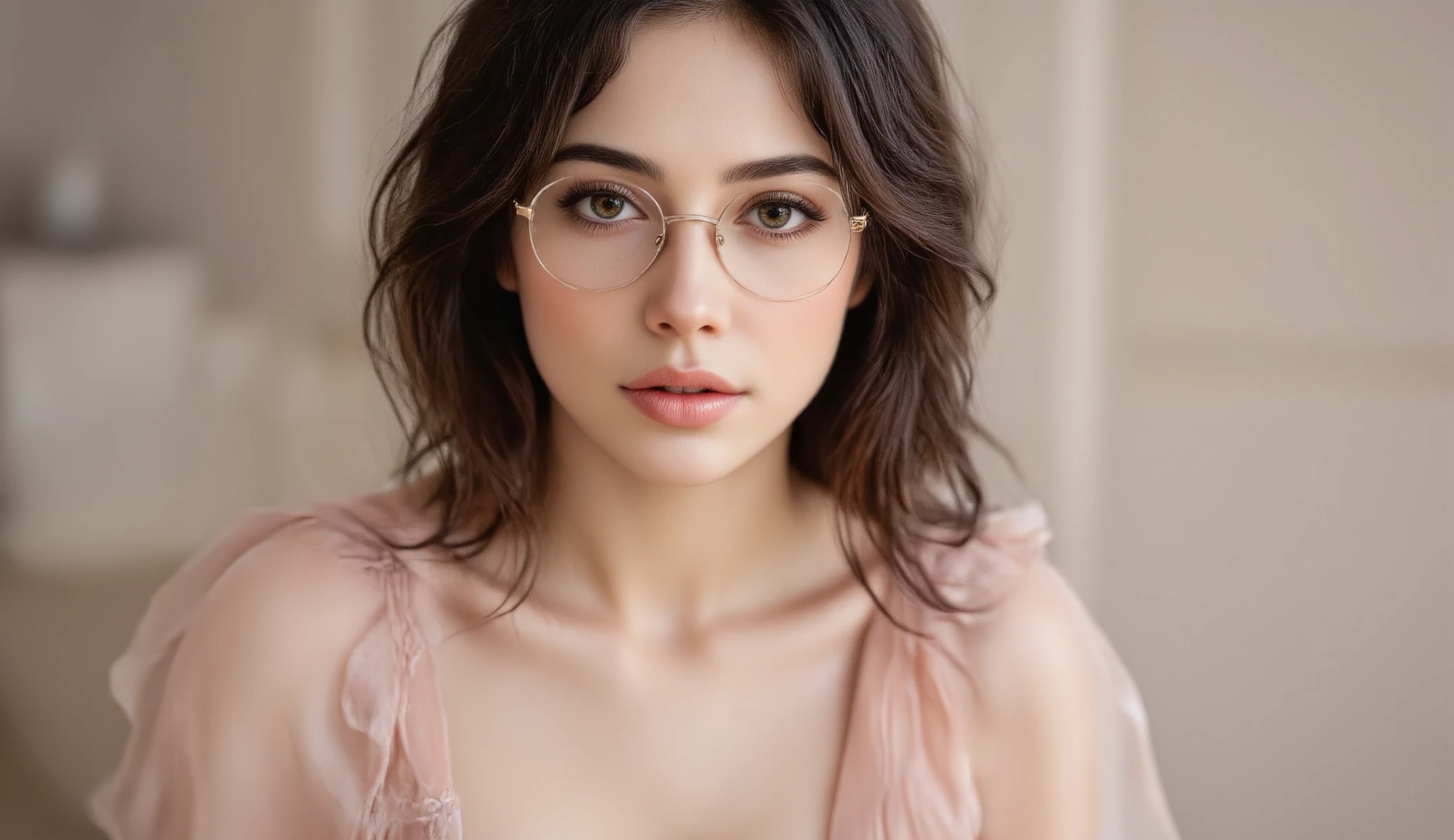 brunette with glasses , 30 years old , Beautiful , dressed in a pink dress