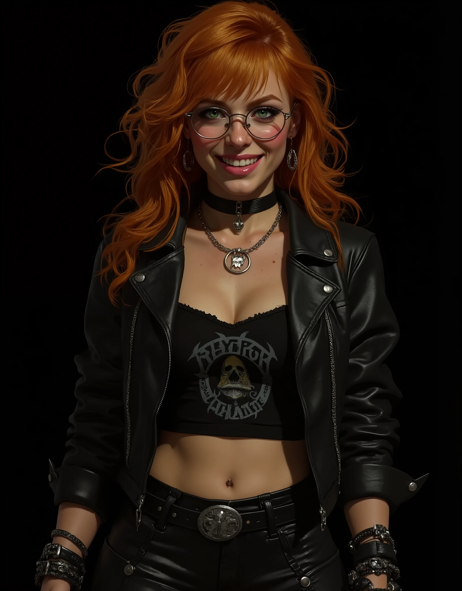 ((artwork, highest quality, Highest image quality, high resolution, photorealistic, CRU photo, 8k)),(best quality, 4k, high resolution, masterpiece: 1.2), ultra detailed, (realistic, photorealistic: 1.37), ray tracing, image of a girl, close-up of the bust, very pretty, pure black background ideal for wallpaper, extra detailed body, extraordinarily sensual, very expressive, seductive face. She is wearing metal framed reading glasses, she is listening to music with headphones on her head. She is wearing a black heavy metal leather jacket with the sleeves rolled up, a black leather choker with a ring, under the jacket a black t-shirt with a showing abdomen and a metal music band logo, large chest, tight black leather pants with chains, black sneakers, many bracelets on both arms, a silver skull ring on her hand, very detailed skin, The woman is beautiful and radiant, strong, powerful, sun-kissed brown skin, blush on her cheeks, she is freckled, very long, curly and disheveled orange-red hair that falls to her chest, very detailed, layered hair with bangs. Very expressive dark green eyes, long eyelashes, thick, wet and pink lips. She smiles mysteriously and sensually at the camera. He stands defiantly in front of the camera. In his hands he holds an AR15 assault rifle with an X4 reflex sight and a silencer. Pure black background ideal for wallpaper, cold lights, cinematic lighting, dark colors, photorealistic, 8k, ultra detailed, masterpiece, comic cover, illustration, HDR-10, Ultra High Definition, studio lighting, ultra fine painting, sharp focus, physical representation, extremely detailed description, professional, vivid colors, concept art.