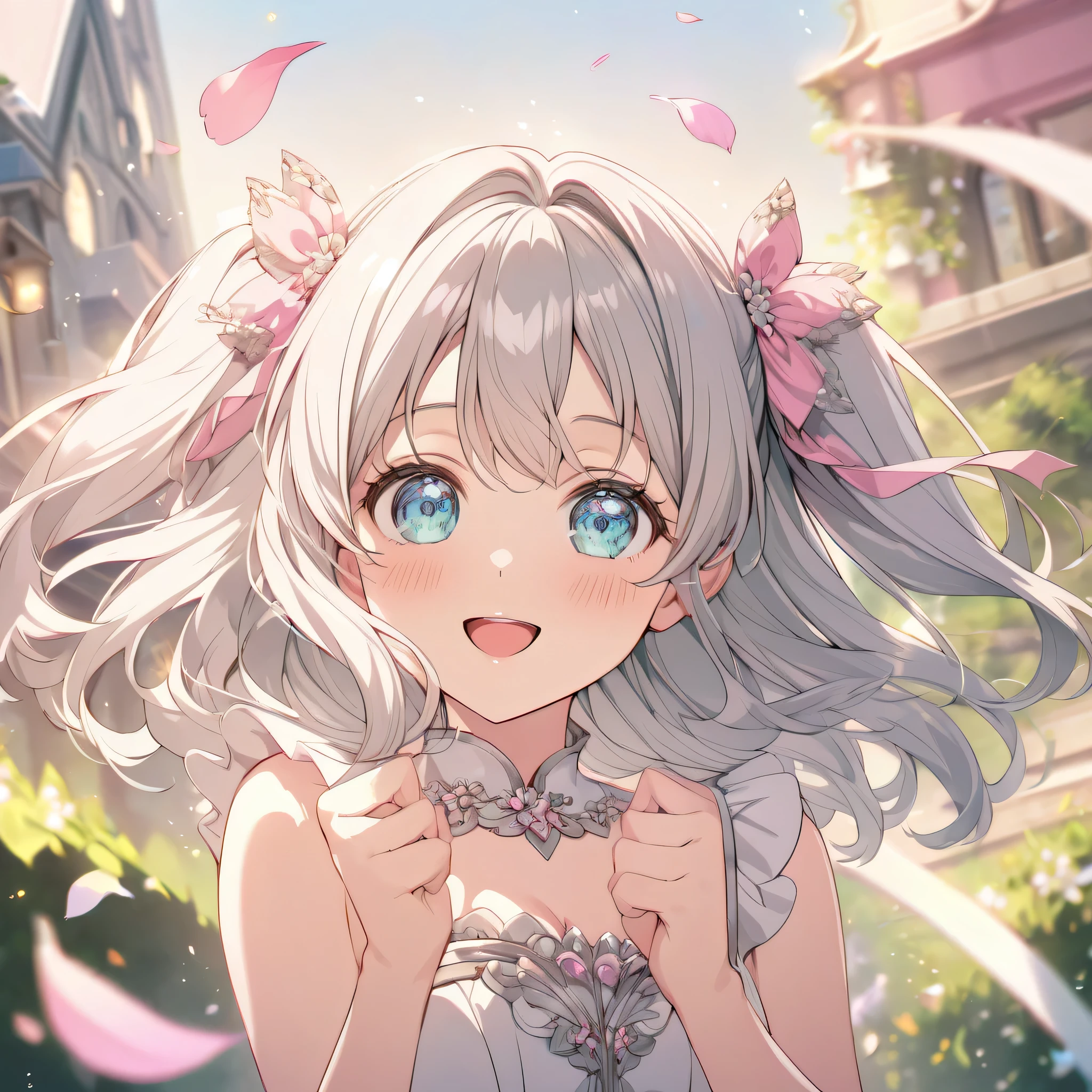 ((ultra-detailed)), (highly detailed CG illustration), (best quality:1.2), ultra-highly detailed, colorful composition, artistic photoshoot, 1girl, solo focus, ((upper body:1.4)), moe anime character,  girl, dainty facial structure, (bab(round face), ((rounded chin:1.2)), ((ideal ratio body proportions)), celia-default, celia claire, (blue eyes), sparkle eyes, silver hair color, two side up, ((hair ribbon with pink), ((pink semi formal dress with gold decorations)), ((look of anticipation)), ((excited)), (happy), (joyful), (open mouth), ample breasts, best quality, masterpiece, petals glowing and fluttering, forward hands, flying, jumping by the victorian garden with flowers, beautiful detailed sky, dynamic pose, looking at viewer, best quality, masterpiece, looking up, expecting, pink cheek, blush, light pink gloss slip, portrait, depth of field, soft lighting, sidelighting, (shine), lighting, caustics, ray tracing, smile, perfect face, lustrous skin, highly detailed face, highly detailed eyes, perfect face, perfect nose, perfect hair, perfect eyes, perfect anatomy, beautiful hair, beautiful small face, extremely detailed face, beautiful detailed eyes, beautiful clavicle, beautiful body, beautiful huge breasts, leavage, breasts squeezed together, equalize the size of the left and right breasts, beautiful fingers, 4 fingers, 1 thumb, lovely, (very detailed background:1.0), (highly detailed background:1.0), spring aesthetic, intricate details, festive atmosphere, joyful atmosphere, spring colors palette, chromatic aberration