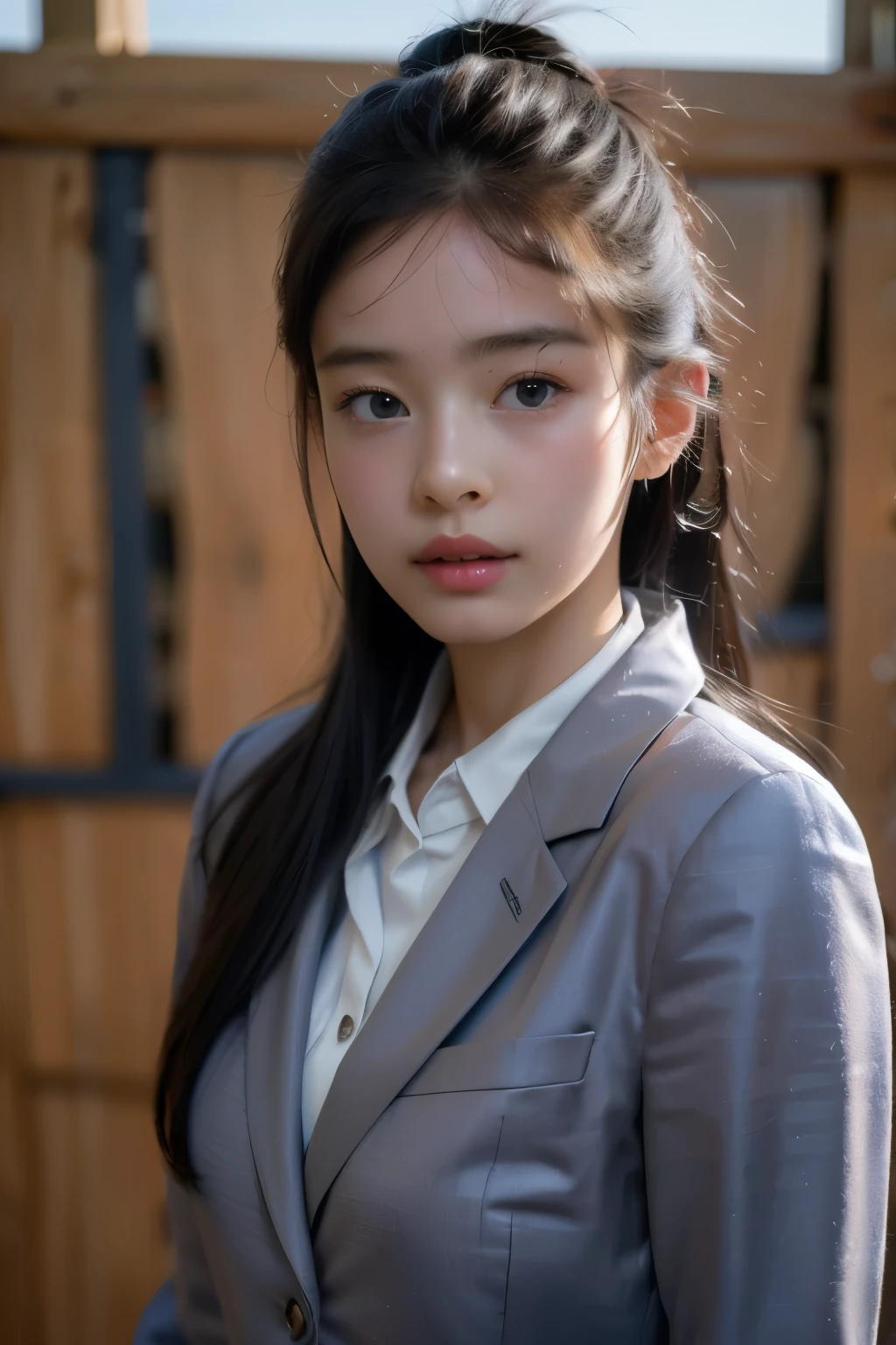 (best quality,4k,8k,highres,masterpiece:1.2),ultra-detailed,(realistic,photorealistic,photo-realistic:1.37)1girl,in the school,wearing school uniform, cool girl,wearing gray blazer, girl, ethernal, beautiful detailed face, dark hair, beautiful detailed korean uniform school