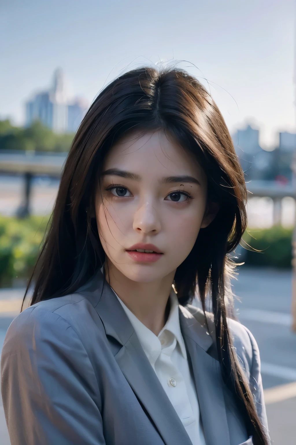 (best quality,4k,8k,highres,masterpiece:1.2),ultra-detailed,(realistic,photorealistic,photo-realistic:1.37)1girl,in the school,wearing school uniform, cool girl, with blazer gray color, girl, ethernal, beautiful detailed face,beautiful detailed eyes, dark hair, beautiful detailed uniform school