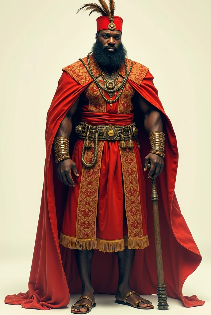 Create image of black man, africana, Grinning, with red and black robes. Wearing a red and black turban with cowrie shells. With strings of black and red beads around her neck. Holding a rectangular trident. white background. Reproduce full body man, from head to toe 