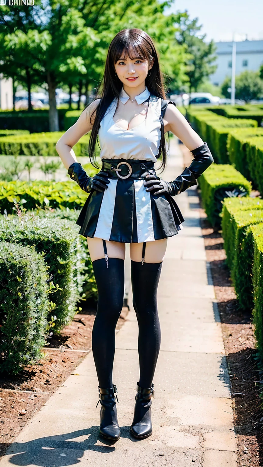 BOMBDEVIL, MEDIUM BREASTS, SHARP TEETH, BOMB, NAKED APRON, PELVIC CURTAIN, WHITE PANTIES, BLACK THIGHHIGHS, ELBOW GLOVES, 1girl, solo, facing viewer