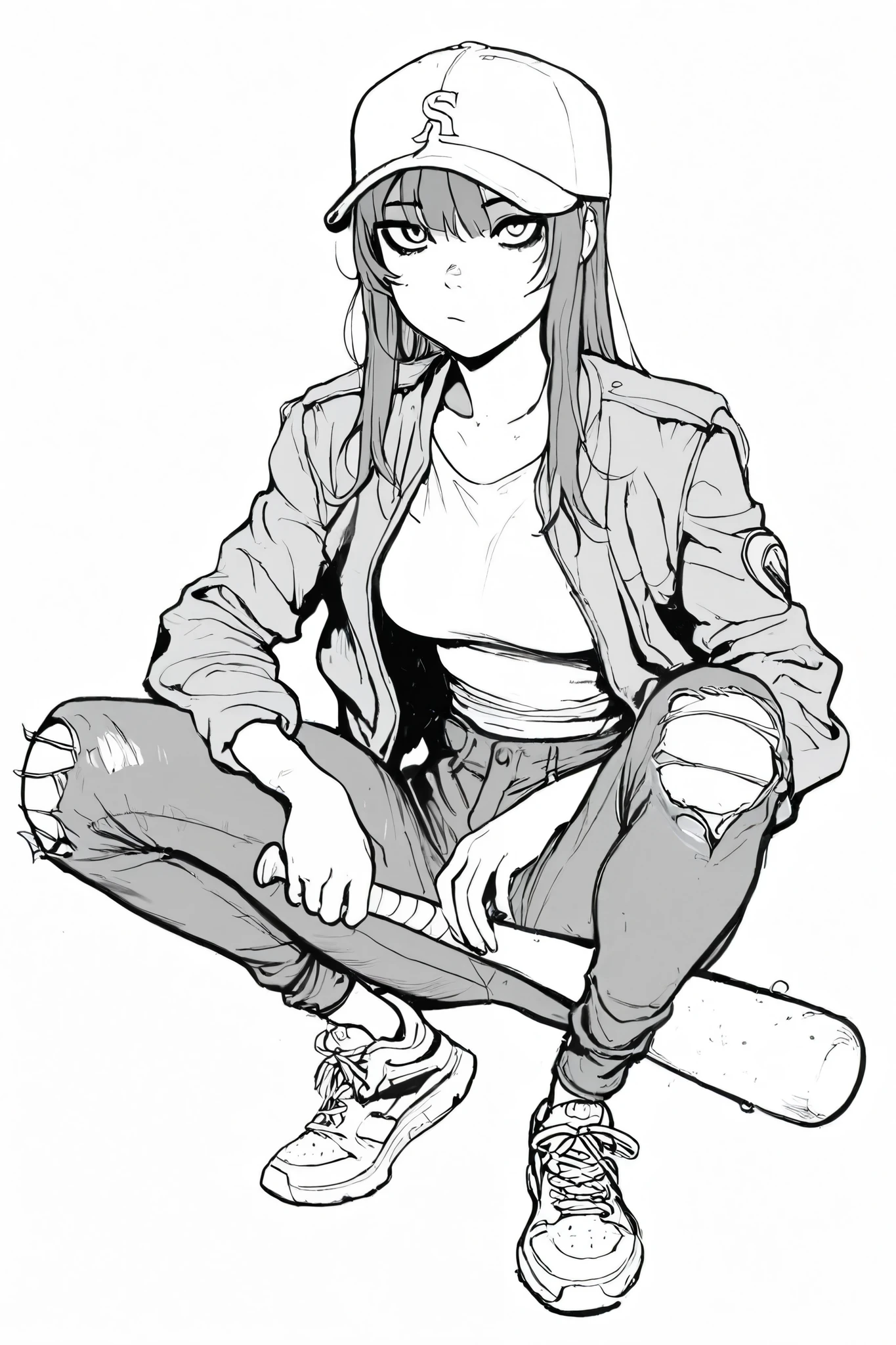 masterpiece, best quality, amazing quality, very aesthetic, high resolution, line art, four fingers and a thumb,
timbrook, 1girl, smle, monochrome, greyscale, solo, long hair, torn clothes, baseball bat, baseball cap, jacket, shoes, pants, holding, sneakers, breasts, torn pants, looking at viewer, simple background, shirt, squatting,
