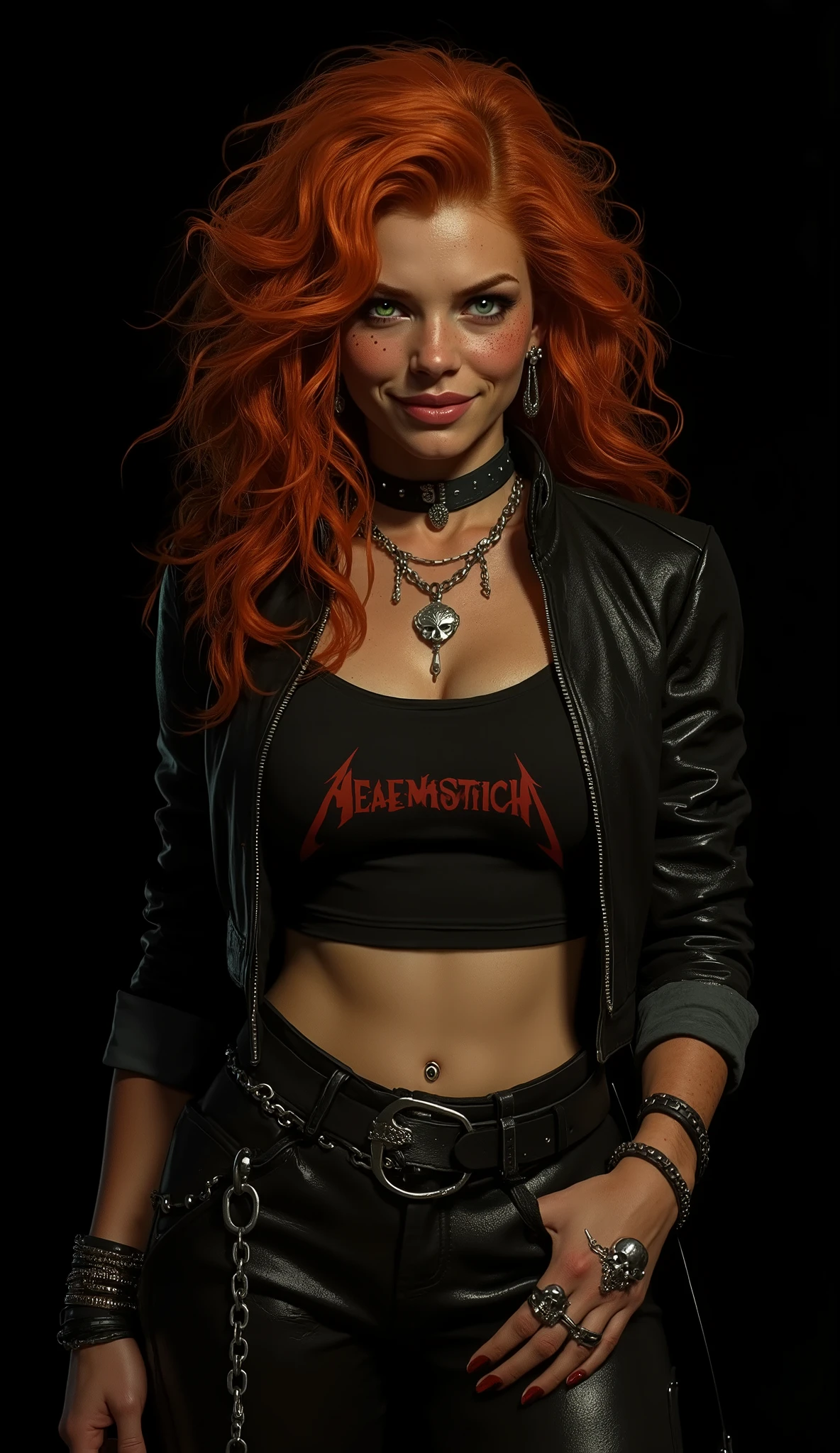 ((artwork, highest quality, Highest image quality, high resolution, photorealistic, CRU photo, 8k)),(best quality, 4k, high resolution, masterpiece: 1.2), ultra detailed, (realistic, photorealistic: 1.37), ray tracing, image of a girl, close-up of the bust, very pretty, pure black background ideal for wallpaper, extra detailed body, extraordinarily sensual, very expressive, seductive face. She is wearing metal framed reading glasses, she is listening to music with headphones on her head. She is wearing a black heavy metal leather jacket with the sleeves rolled up, a black leather choker with a ring, under the jacket a black t-shirt with a showing abdomen and a metal music band logo, large chest, tight black leather pants with chains, black sneakers, many bracelets on both arms, a silver skull ring on her hand, very detailed skin, The woman is beautiful and radiant, strong, powerful, sun-kissed brown skin, blush on her cheeks, she is freckled, very long, curly and disheveled orange-red hair that falls to her chest, very detailed, layered hair with bangs. Very expressive dark green eyes, long eyelashes, thick, wet and pink lips. She smiles mysteriously and sensually at the camera. He stands defiantly in front of the camera. In his hands he holds an AR15 assault rifle with an X4 reflex sight and a silencer. Pure black background ideal for wallpaper, cold lights, cinematic lighting, dark colors, photorealistic, 8k, ultra detailed, masterpiece, comic cover, illustration, HDR-10, Ultra High Definition, studio lighting, ultra fine painting, sharp focus, physical representation, extremely detailed description, professional, vivid colors, concept art.

