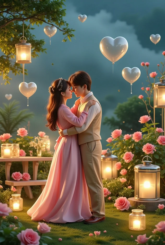 Share a romantic dance , Valentine's Day,一对情侣在迷人的garden中心跳浪漫的舞蹈. The scene is illuminated by floating candles and lanterns , projects a warm , Gently. garden , From the delicate petals of the flower to the verdant leaves , The intricate details are presented in amazing 8K resolution . The couple, Indulge in your arms , Exudes deep love and connection . The atmosphere is full of fantastic magic , The surroundings are highlighted by soft light and serene beauty .