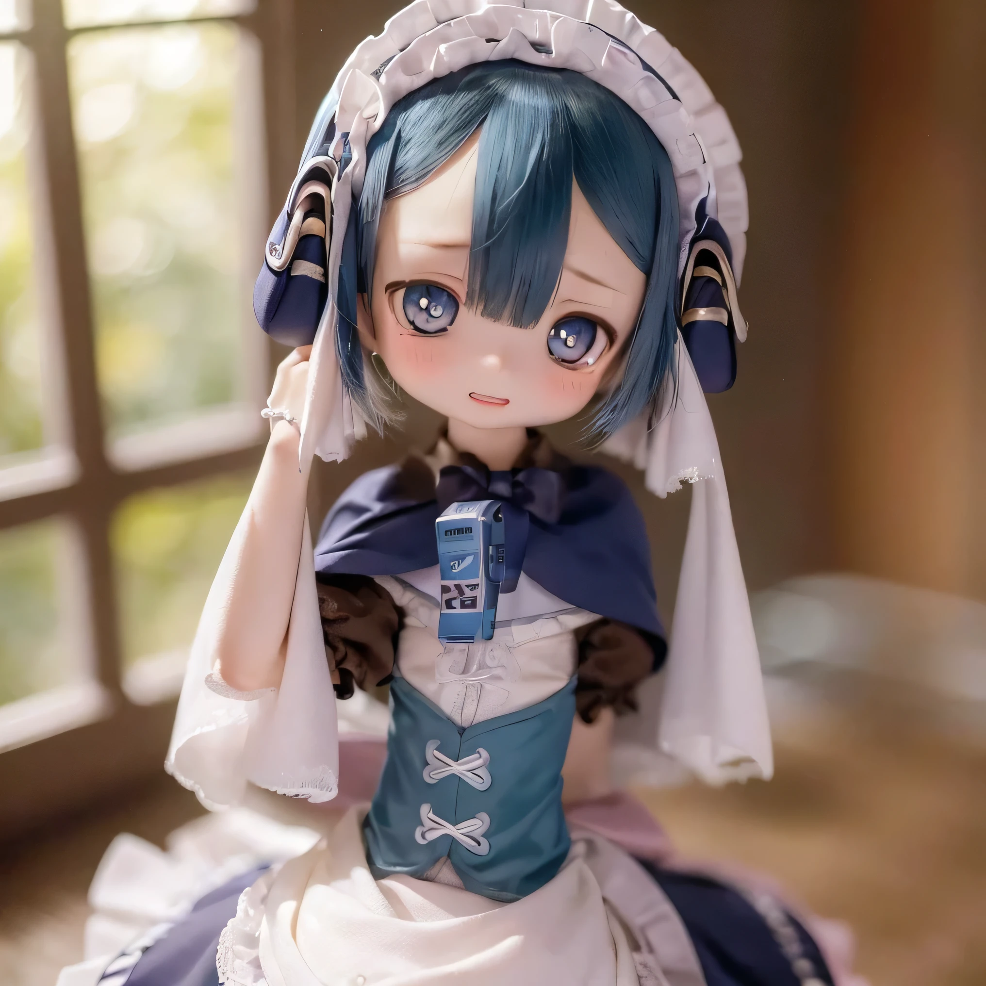 ( top quality , kampala , breakfast masterpiece :1.2), very well detailed , exist :1.37, made in Abyss ,( top quality , , 4K, very well detailed , breakfast masterpiece :1.2), exist , , bright color, Concentration , studio lighting , very well detailed explanation, professional , Anime, Shades of blue, natural light, girl, Blue Curly Hair, file, gothic costume, innocent expression , elegant look , long eyelashes 、 Looks like a face {x} , Expressive eyes , rosy cheeks , Dynamic lighting , The surface of the water is like a dream , is wearing lots of gothic Lolita clothes 、 Crimson's hair is very thin 、((( cute standing pose ))) (((((whole body))))) 、 dress 、((((( chibi))))) Laughter、 Pose bedroom