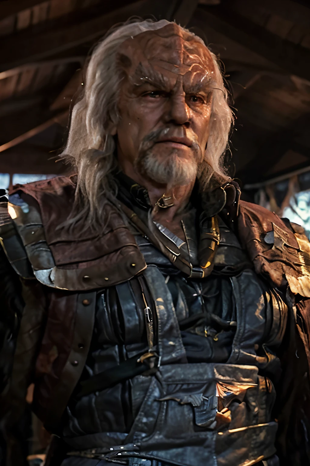 An old aged, rugged Klingon Man. Massive in muscle and stature, a bladesmith, scarred face, White hair, in plain civilian clothing and a stained leather apron with a Klingon house crest on his right chest.