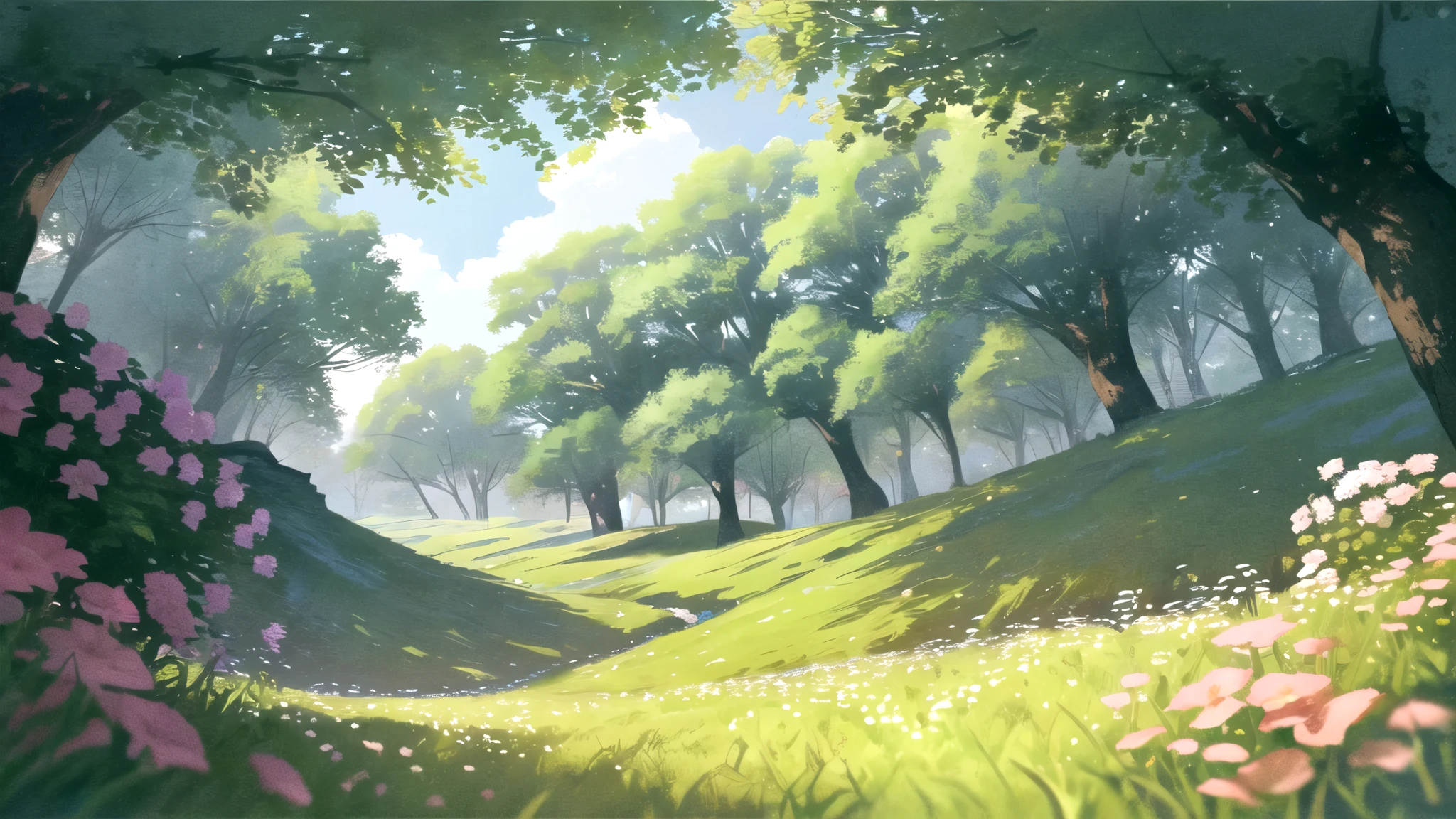 masterpiece, best quality, potg style, scenery, flowers, grasslands, from below,