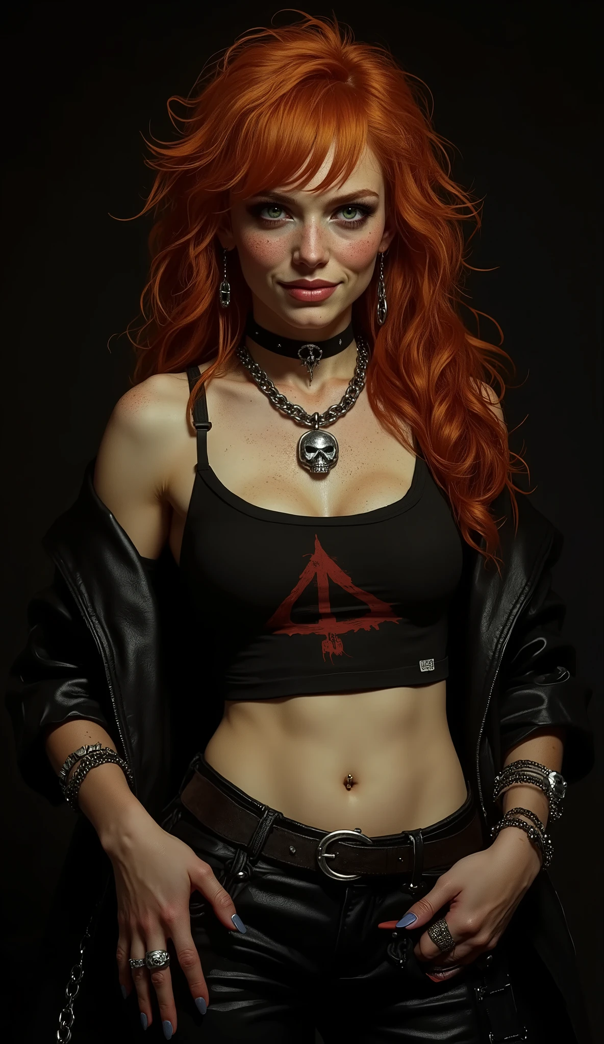 ((artwork, highest quality, Highest image quality, high resolution, photorealistic, CRU photo, 8k)),(best quality, 4k, high resolution, masterpiece: 1.2), ultra detailed, (realistic, photorealistic: 1.37), ray tracing, image of a girl, close-up of the bust, very pretty, pure black background ideal for wallpaper, extra detailed body, extraordinarily sensual, very expressive, seductive face. She is wearing metal framed reading glasses, she is listening to music with headphones on her head. She is wearing a black heavy metal leather jacket with the sleeves rolled up, a black leather choker with a ring, under the jacket a black t-shirt with a showing abdomen and a metal music band logo, large chest, tight black leather pants with chains, black sneakers, many bracelets on both arms, a silver skull ring on her hand, very detailed skin, The woman is beautiful and radiant, strong, powerful, sun-kissed brown skin, blush on her cheeks, she is freckled, very long, curly and disheveled orange-red hair that falls to her chest, very detailed, layered hair with bangs. Very expressive dark green eyes, long eyelashes, thick, wet and pink lips. She smiles mysteriously and sensually at the camera. He stands defiantly in front of the camera. In his hands he holds an AR15 assault rifle with an X4 reflex sight and a silencer. Pure black background ideal for wallpaper, cold lights, cinematic lighting, dark colors, photorealistic, 8k, ultra detailed, masterpiece, comic cover, illustration, HDR-10, Ultra High Definition, studio lighting, ultra fine painting, sharp focus, physical representation, extremely detailed description, professional, vivid colors, concept art.
