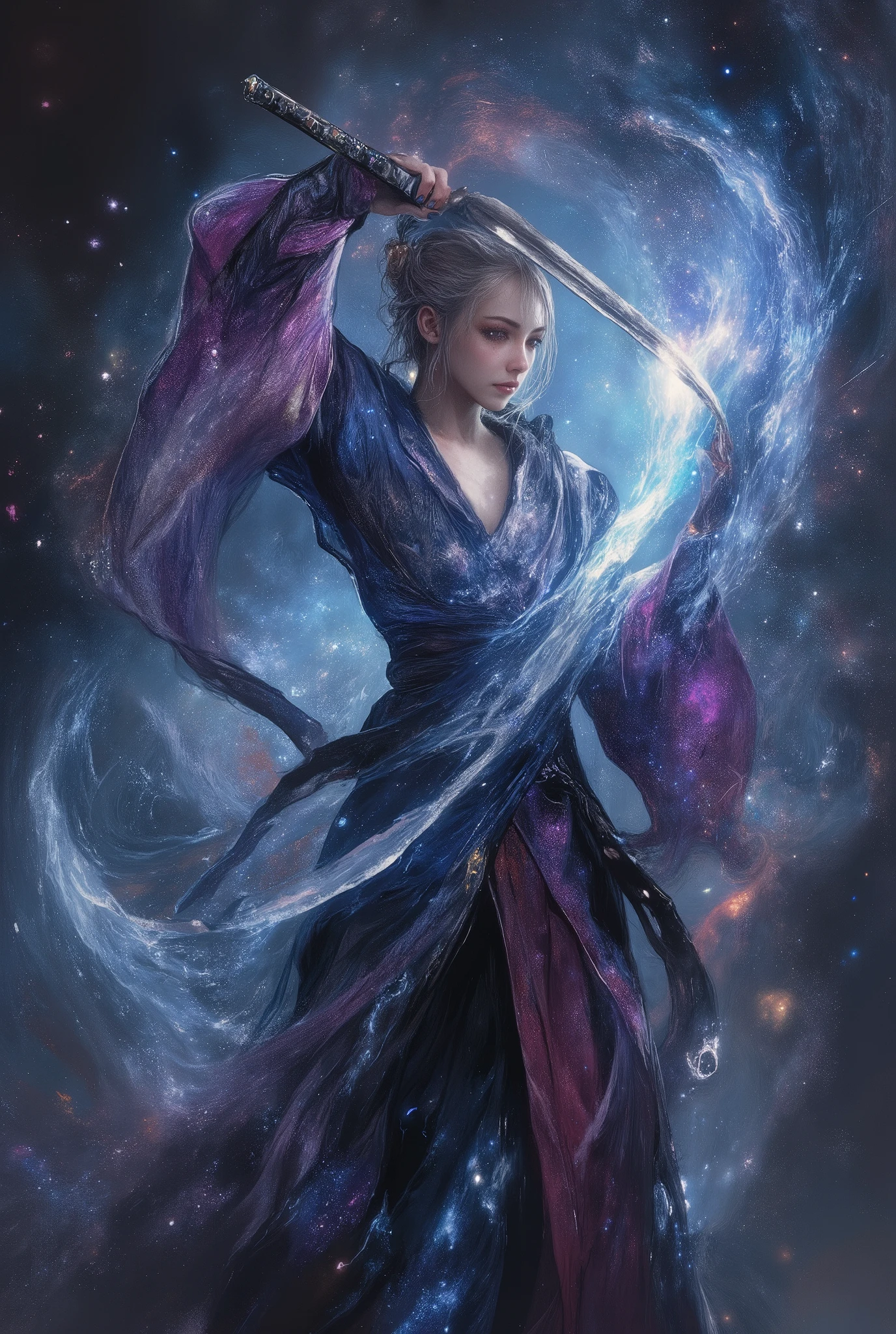 Samurai girl demonstrating Iaido in outer space, fantasy art, ultra detailed, absolutely resolution, masterpiece