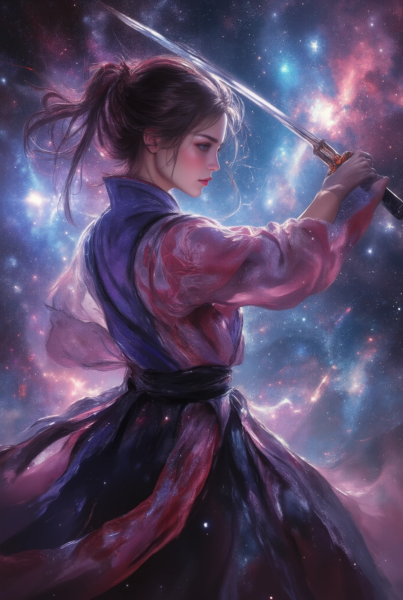 Samurai girl demonstrating Iaido in outer space, fantasy art, ultra detailed, absolutely resolution, masterpiece