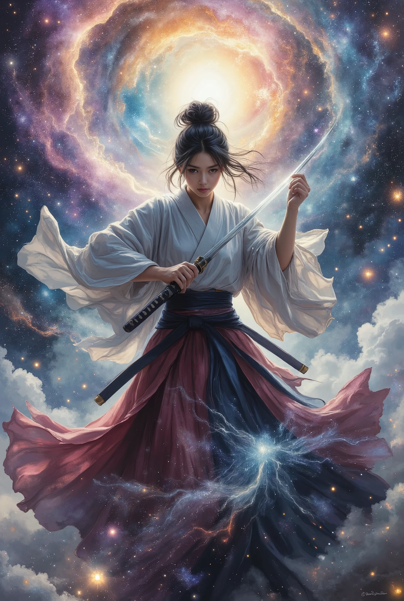 Samurai girl demonstrating Iaido in outer space, fantasy art, ultra detailed, absolutely resolution, masterpiece