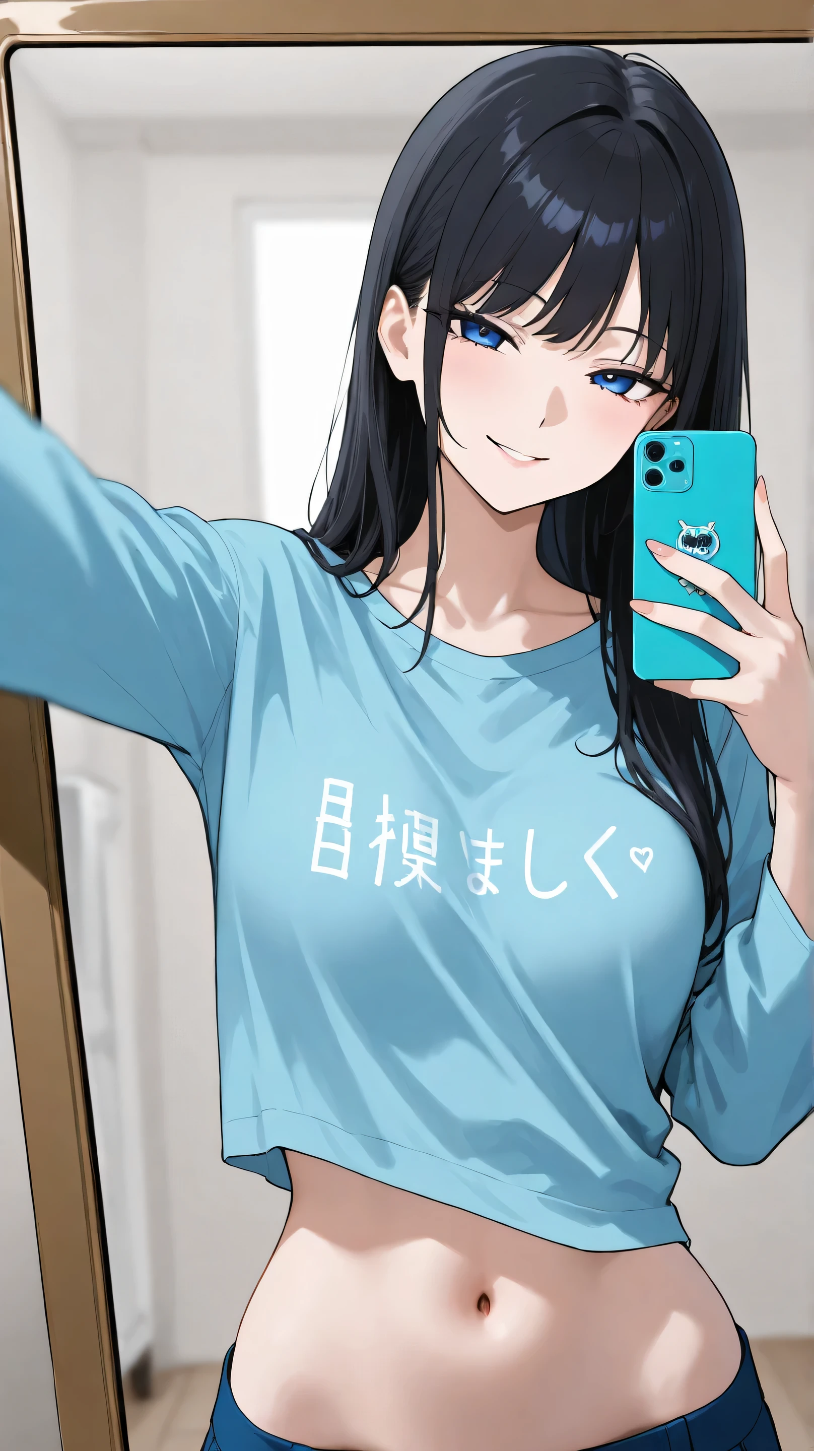 1girl, solo,  in front of mirror,selfie,hip tilt,,upper body, navel, shirt with "Monst3r" text, midriff, seductive smile, sexy, blue themed 