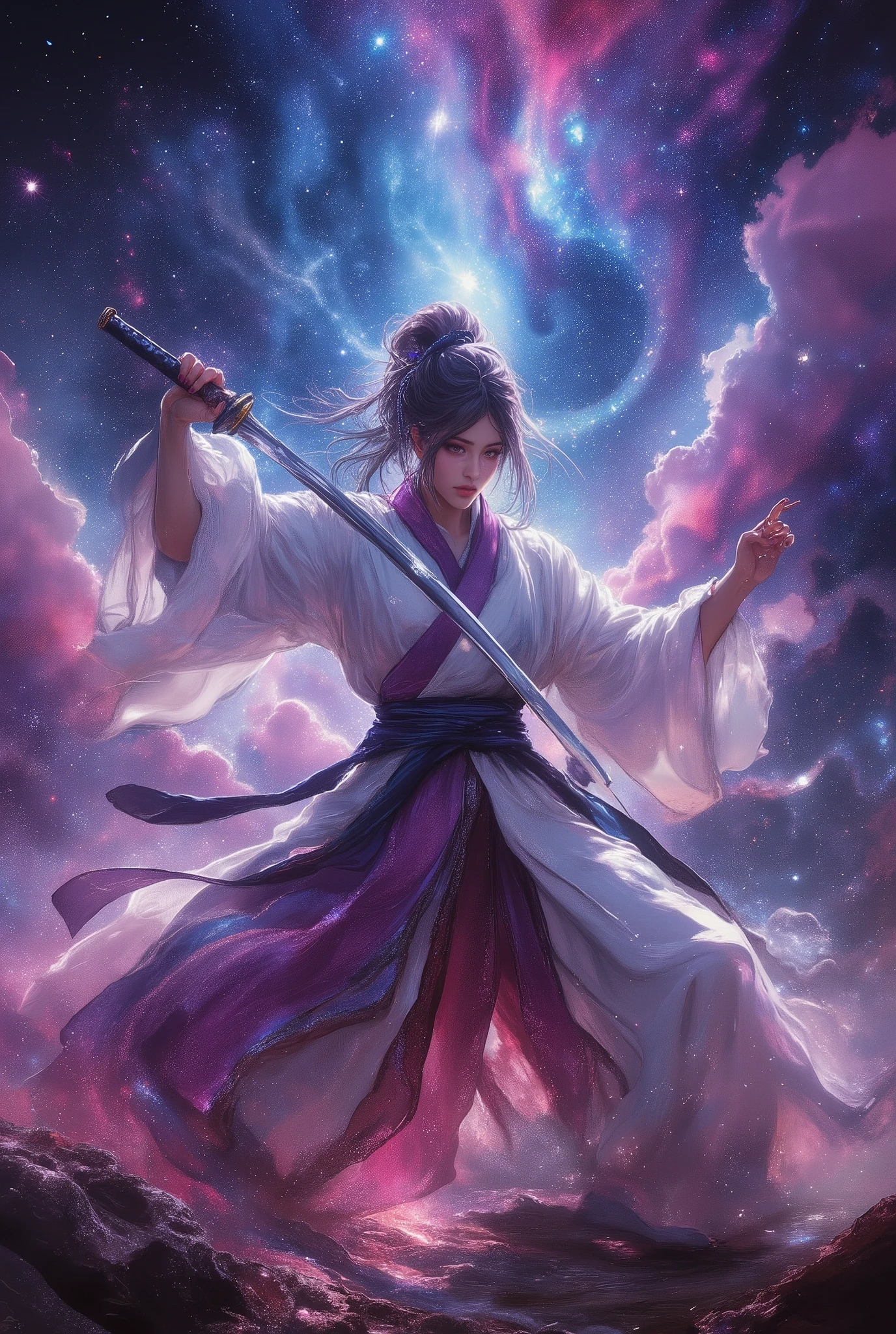 Samurai girl demonstrating Iaido in outer space, fantasy art, ultra detailed, absolutely resolution, masterpiece