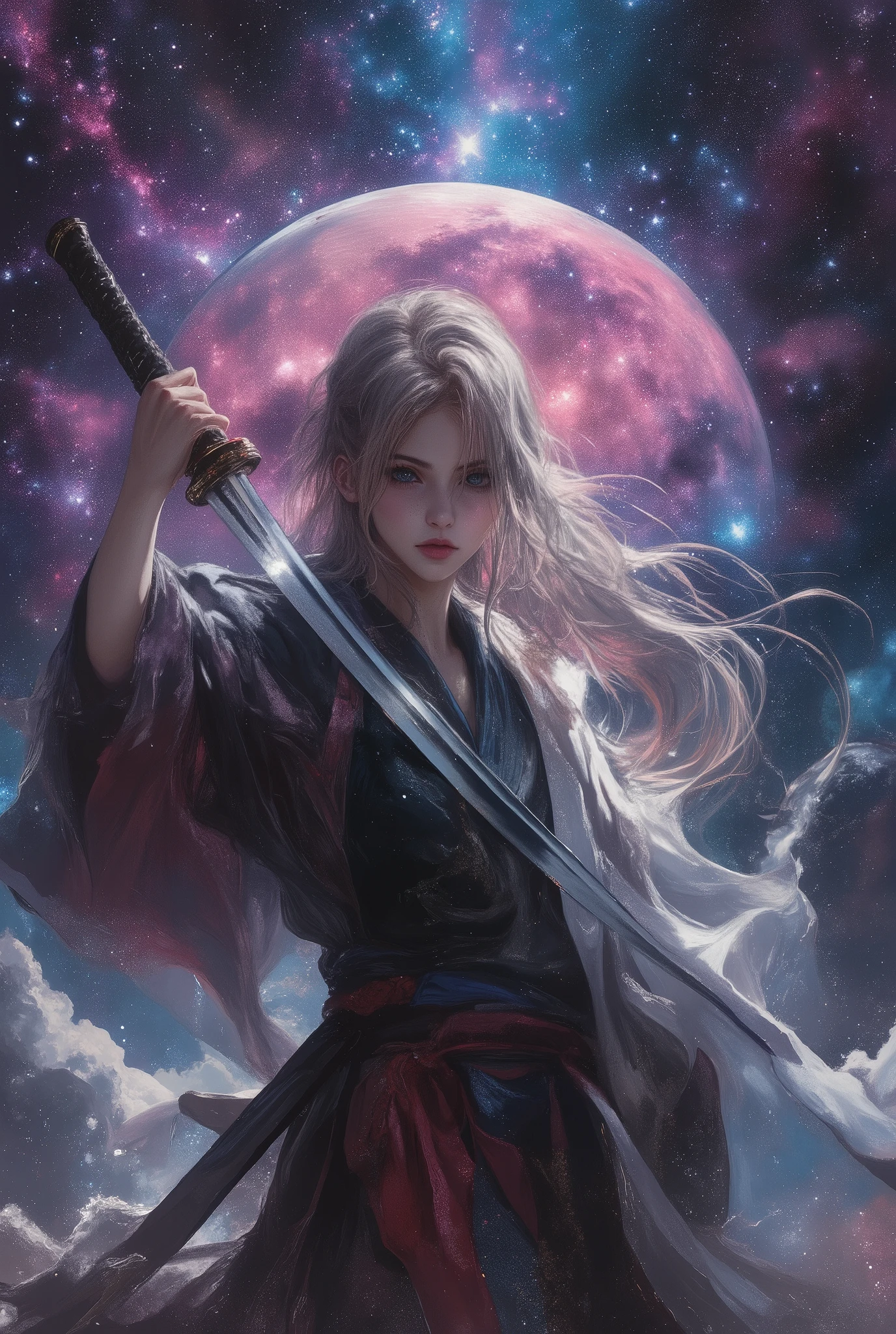 Samurai girl demonstrating Iaido in outer space, ultra detailed, absolutely resolution, masterpiece