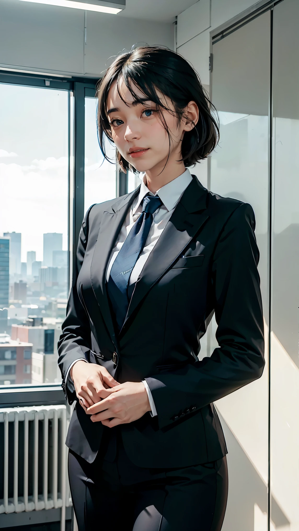 1 girl, alone, Lips parted, office lady, business suit,
Skyscraper background, Put your arms behind your head, Spectator, smile,