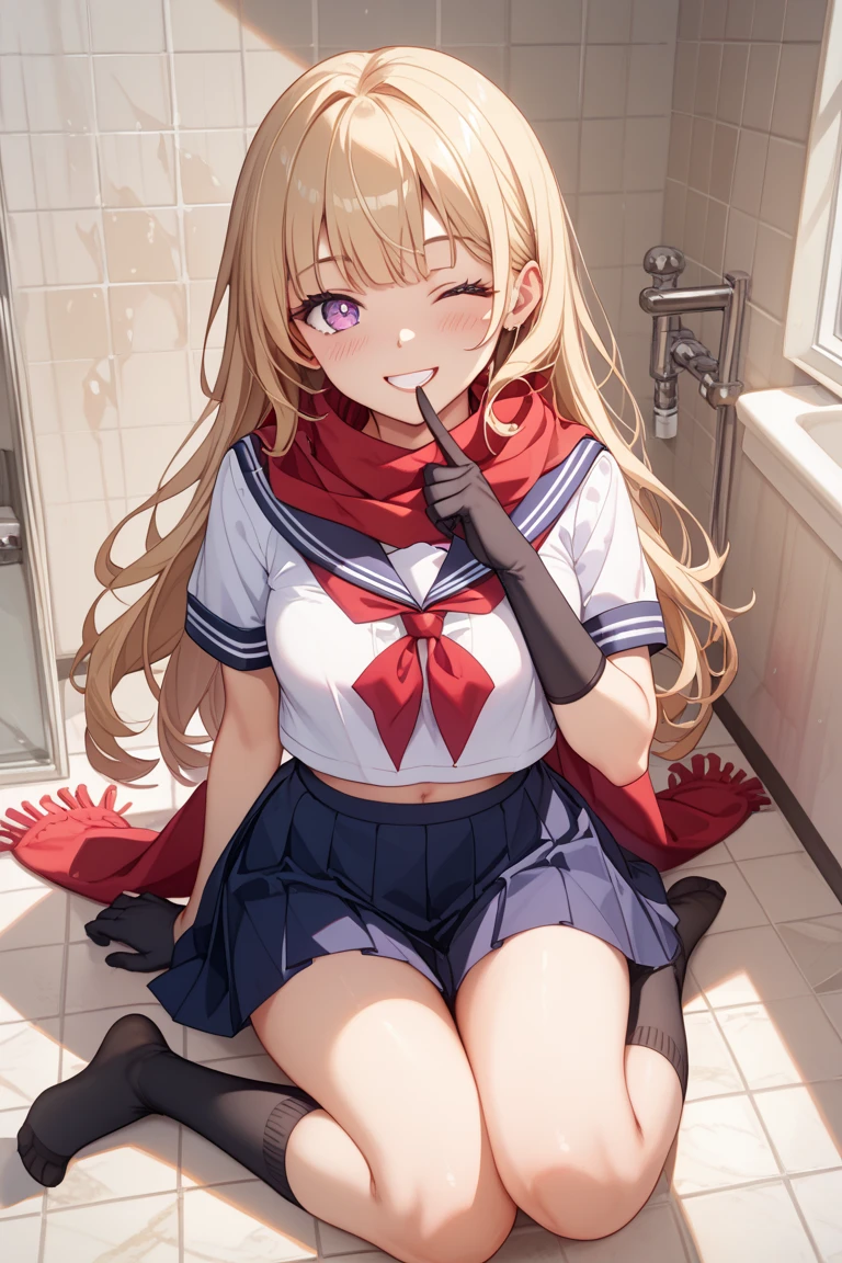 1girl,skin fang,evil smile,open mouth,half-closed eyes,blush,heart-Shaped Pupils,pink hair,blue eyes,Sailor suit,two side up,feet,(five toes1.5),five fingers,from below,feet focus,